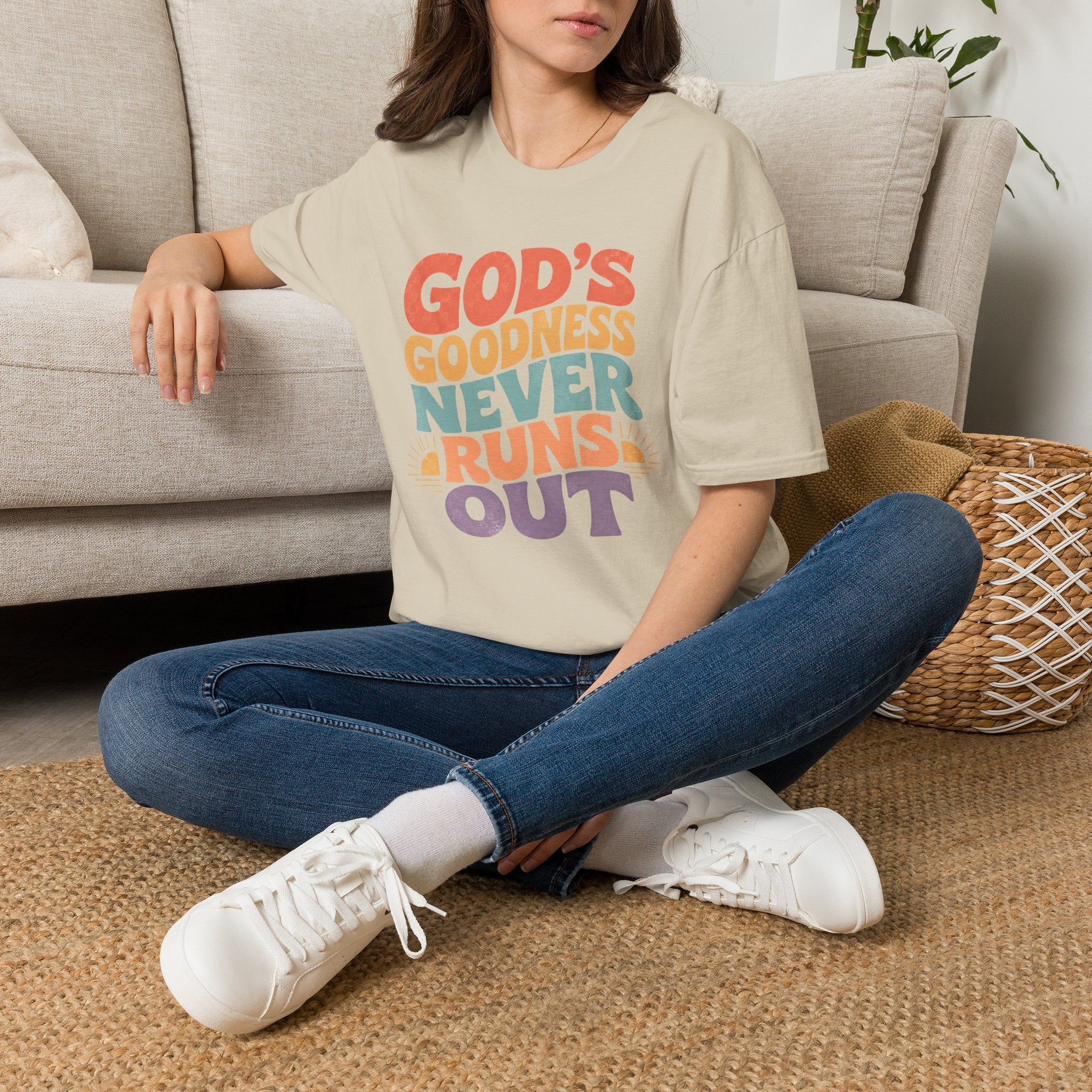 Christian T-Shirt — "God's Goodness Never Runs Out" Retro Faith Tee
