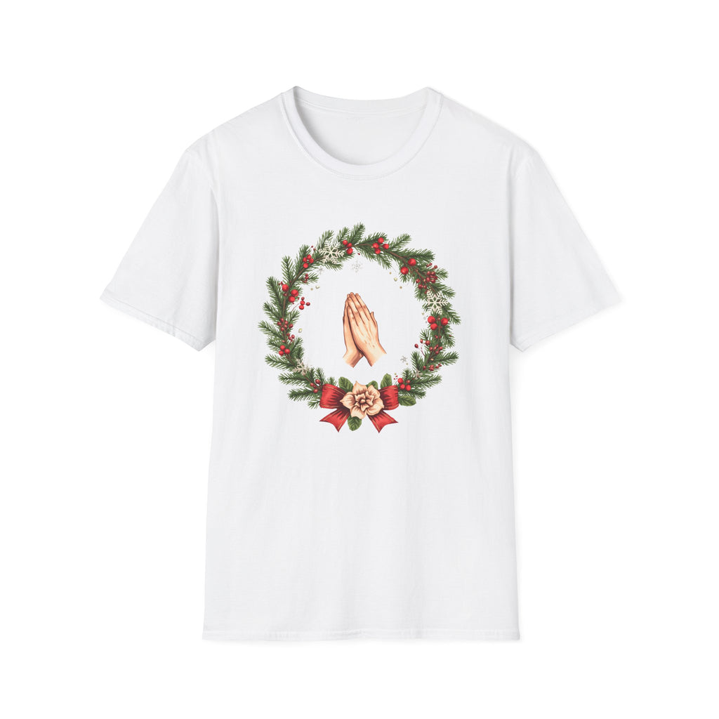 Christmas Prayer Hands T-Shirt — Holiday Wreath Faith Tee