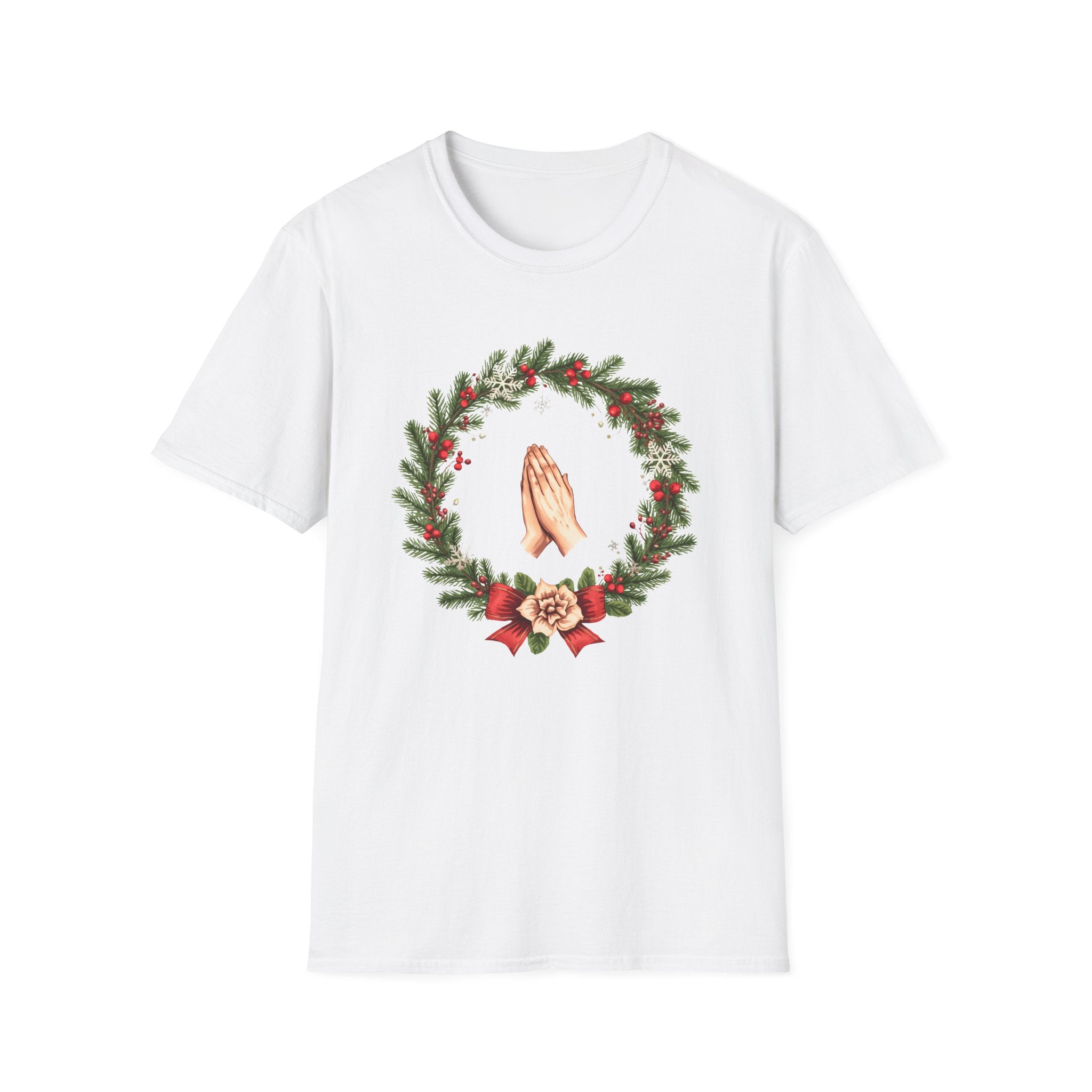 Christmas Prayer Hands T-Shirt — Holiday Wreath Faith Tee