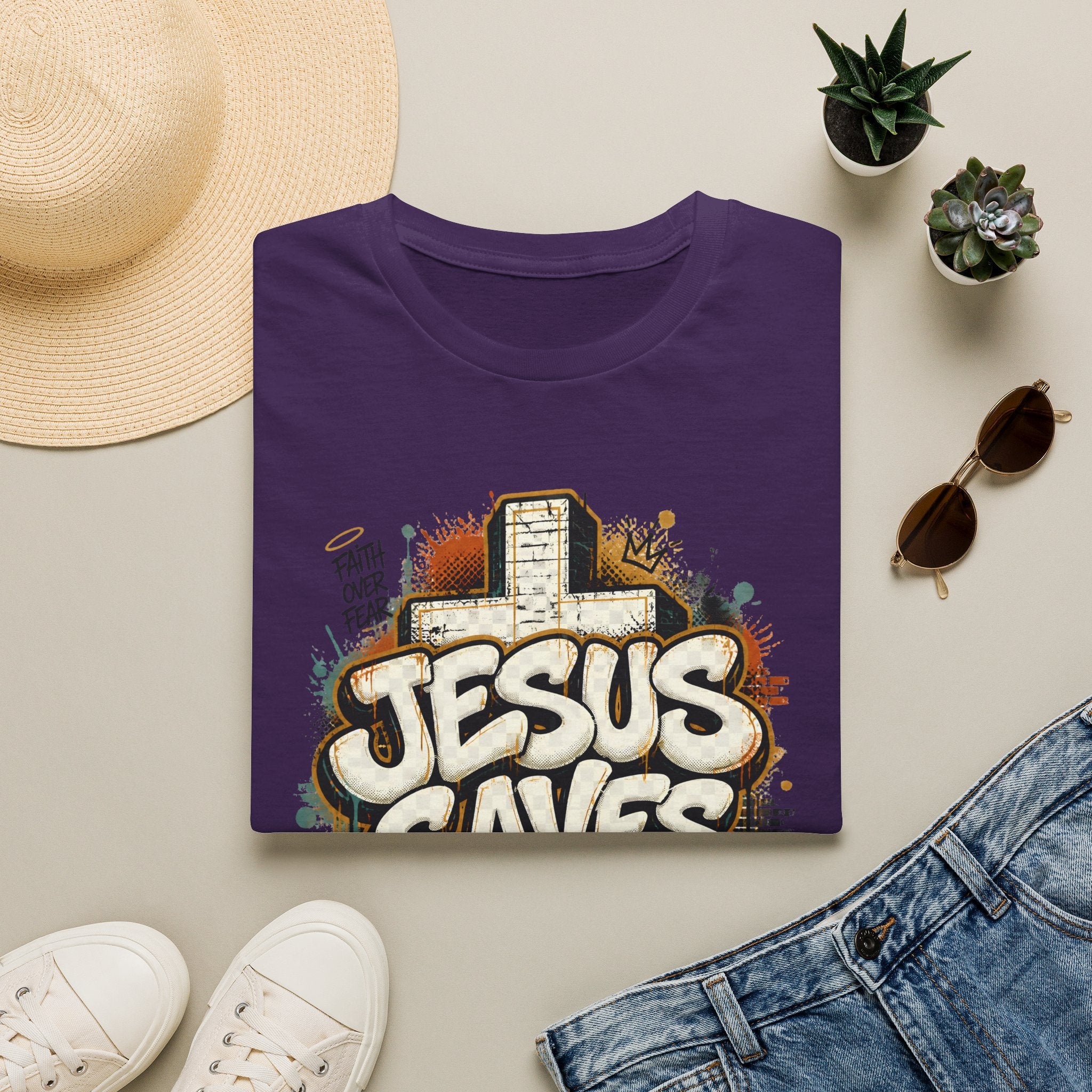 Jesus Saves T‑Shirt — Faith Graffiti Cross Christian Tee