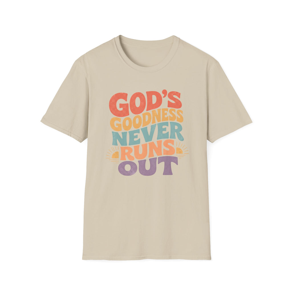 Christian T-Shirt — "God's Goodness Never Runs Out" Retro Faith Tee