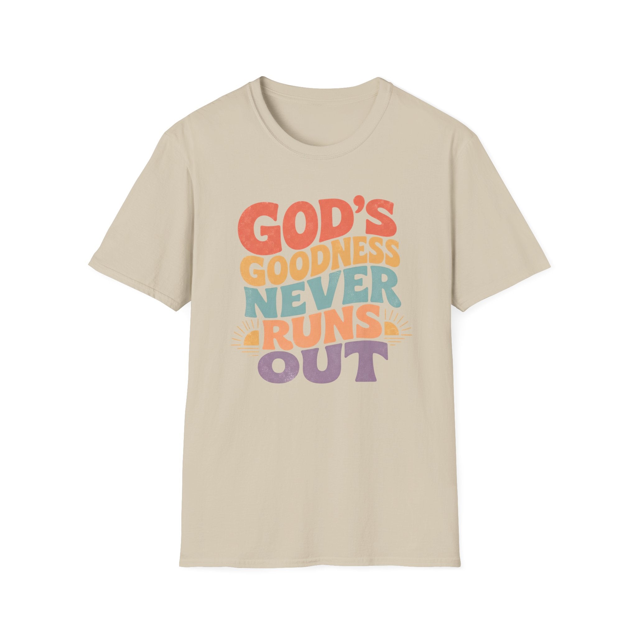 Christian T-Shirt — "God's Goodness Never Runs Out" Retro Faith Tee