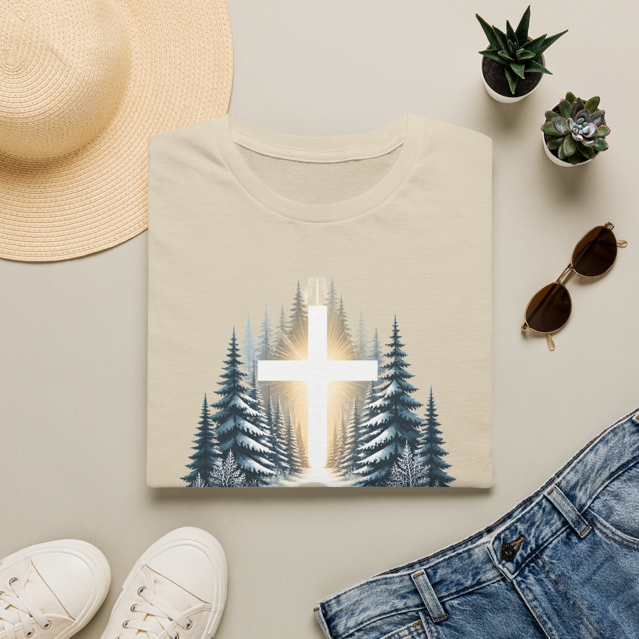 Christian T-Shirt — Cross in Pine Forest with "Amazing Grace" (Faith Tee)