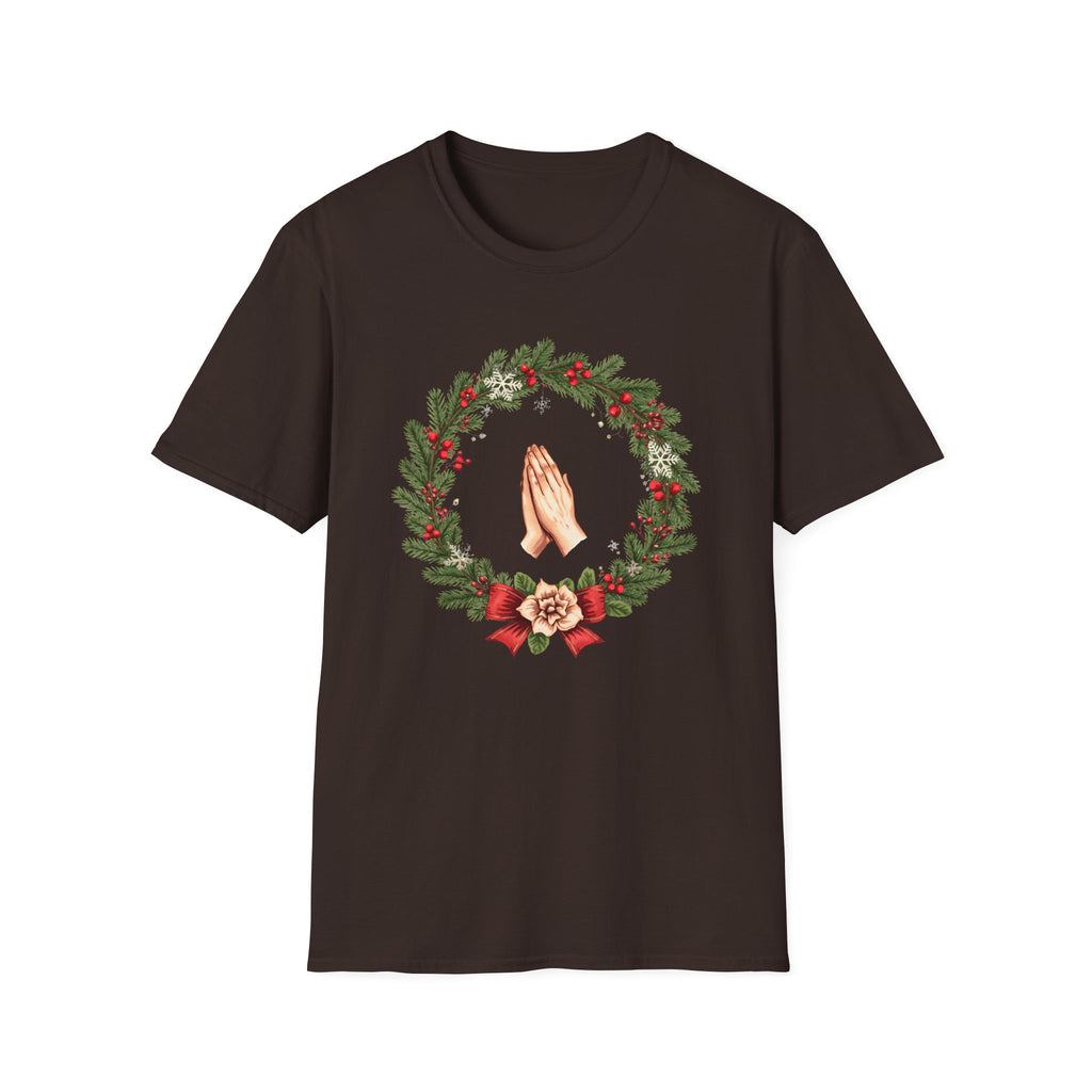 Christmas Prayer Hands T-Shirt — Holiday Wreath Faith Tee