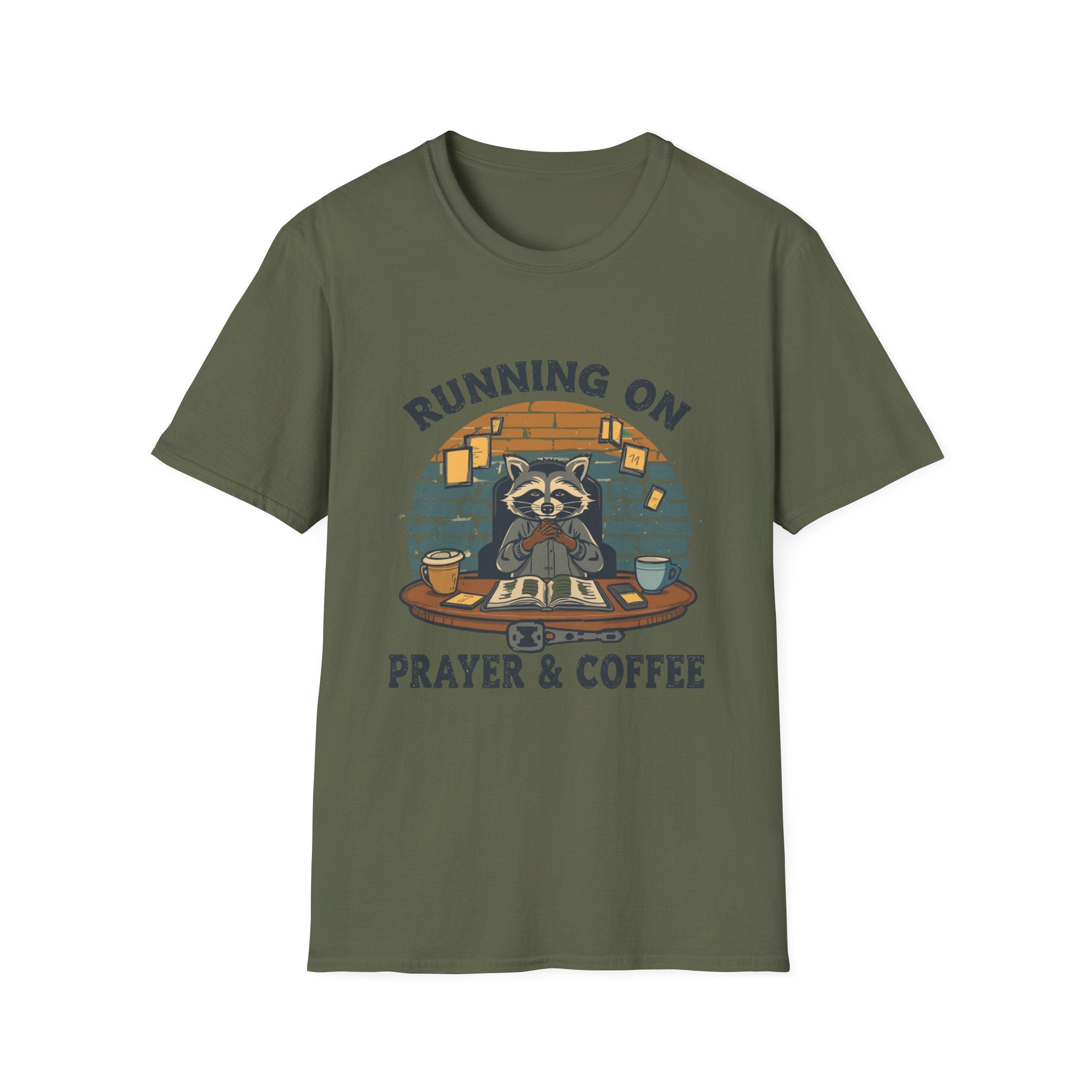T‑Shirt — Running On Prayer & Coffee Raccoon Graphic Tee