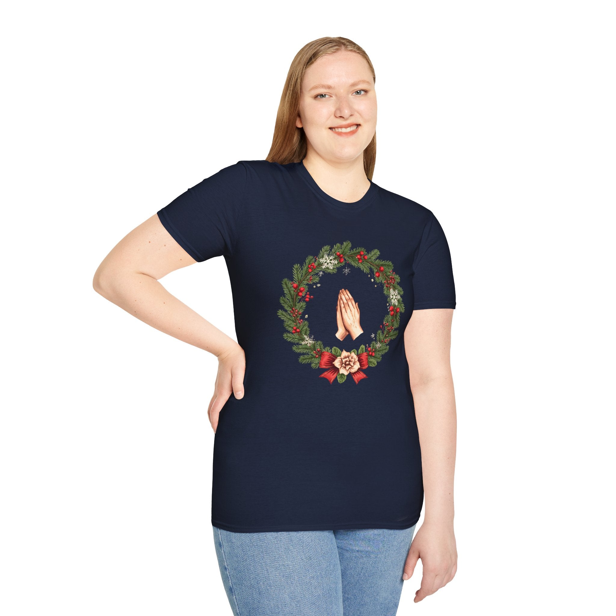 Christmas Prayer Hands T-Shirt — Holiday Wreath Faith Tee