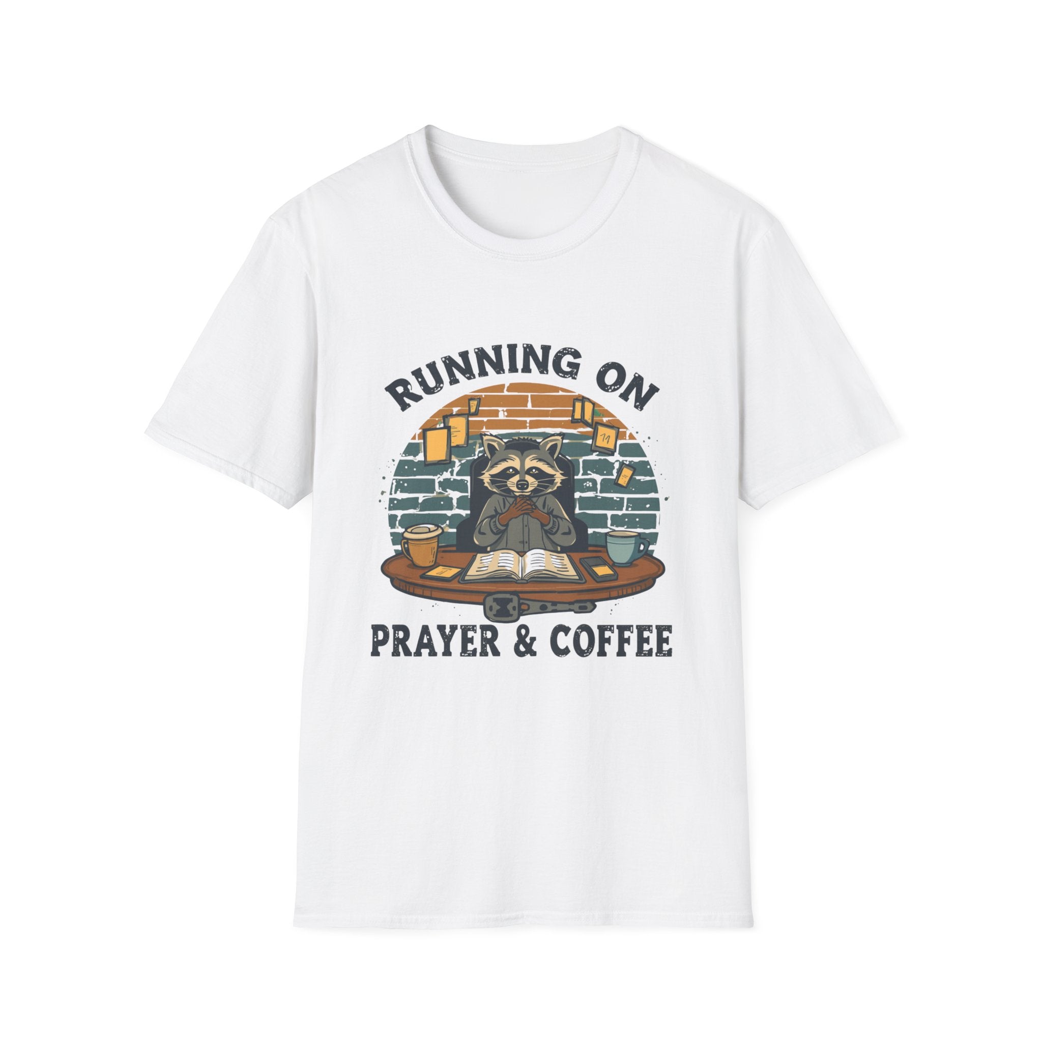 T‑Shirt — Running On Prayer & Coffee Raccoon Graphic Tee