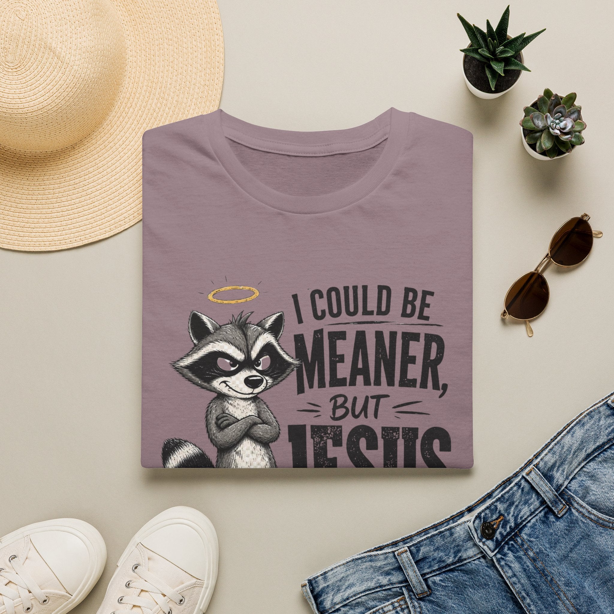 T‑Shirt — "I Could Be Meaner But Jesus Said No" Cute Raccoon Christian Tee