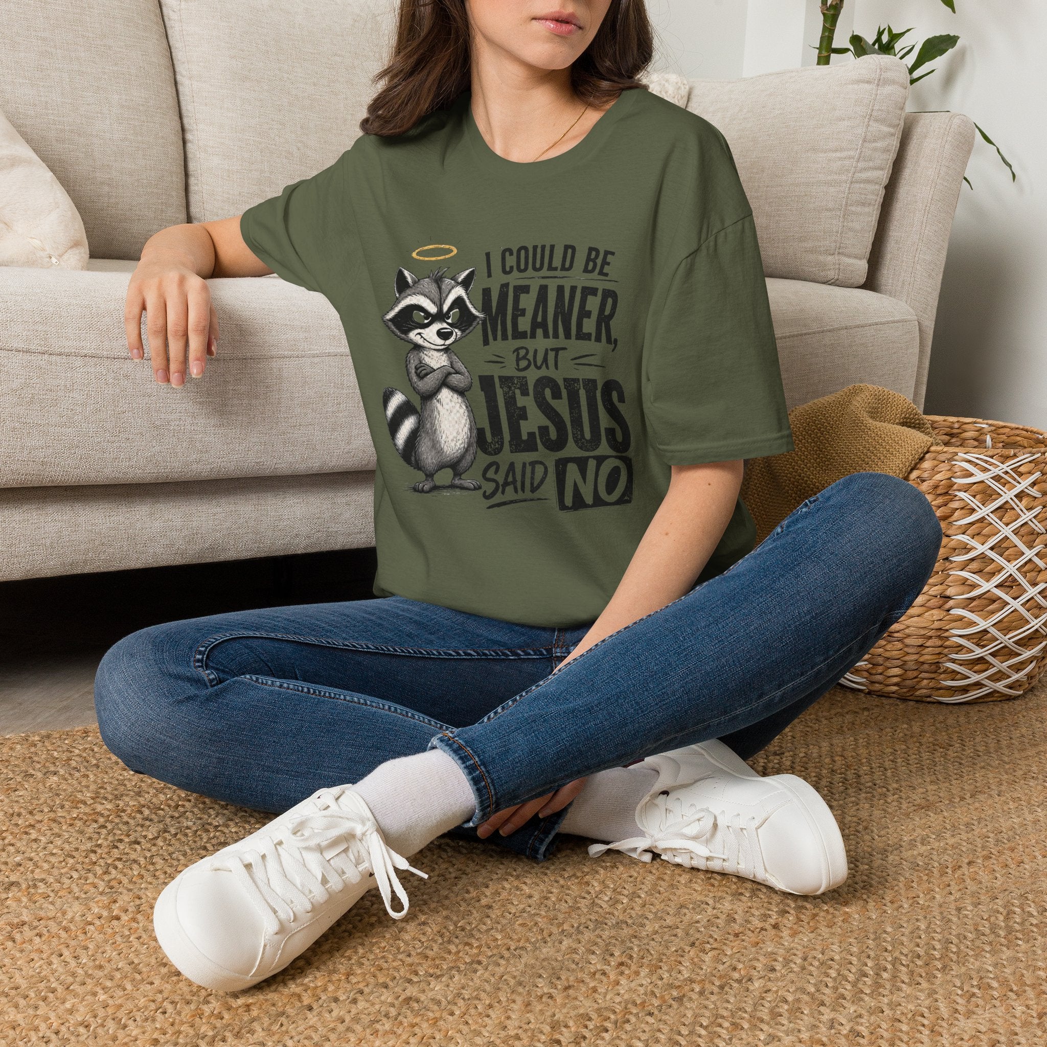 T‑Shirt — "I Could Be Meaner But Jesus Said No" Cute Raccoon Christian Tee