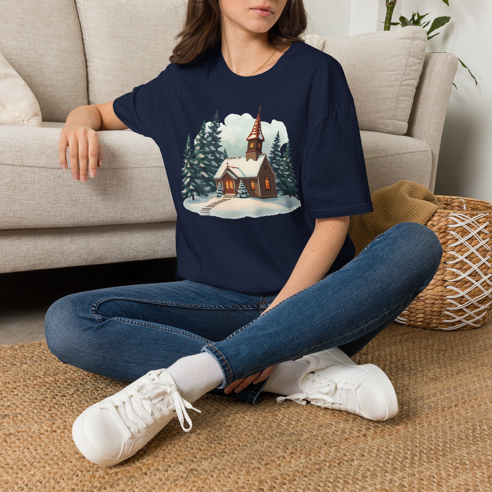 T-Shirt — Cozy Winter Chapel Graphic Tee (Snowy Pine Church)