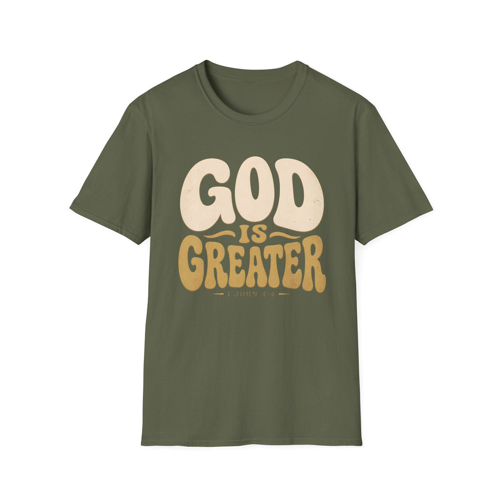 God Is Greater T-Shirt — Retro Faith Graphic Tee (1 John 4:4)