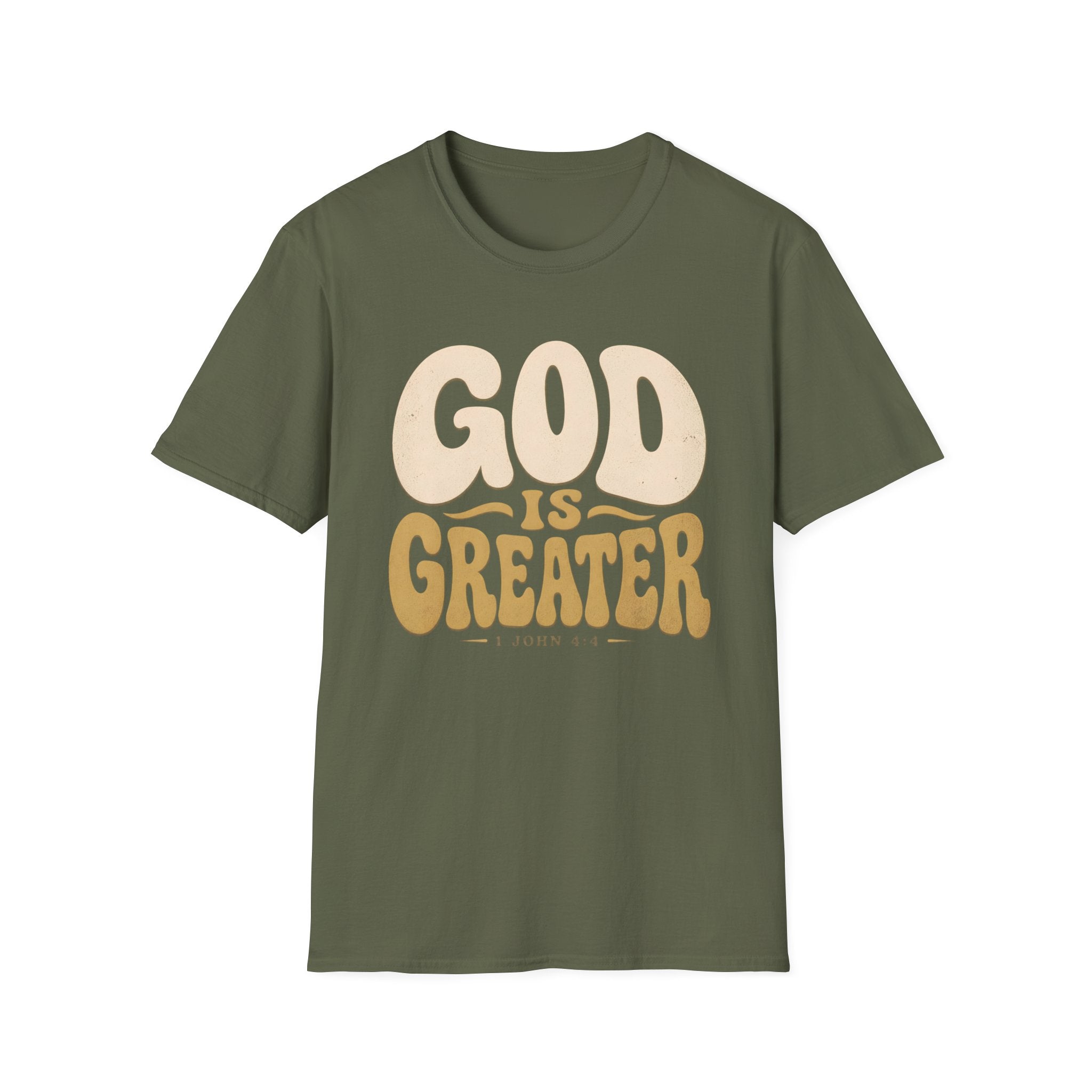 God Is Greater T-Shirt — Retro Faith Graphic Tee (1 John 4:4)