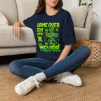 Video Game Christian T-Shirt — "Game Over? Sin Wins? Never." Neon Green Gamer Tee