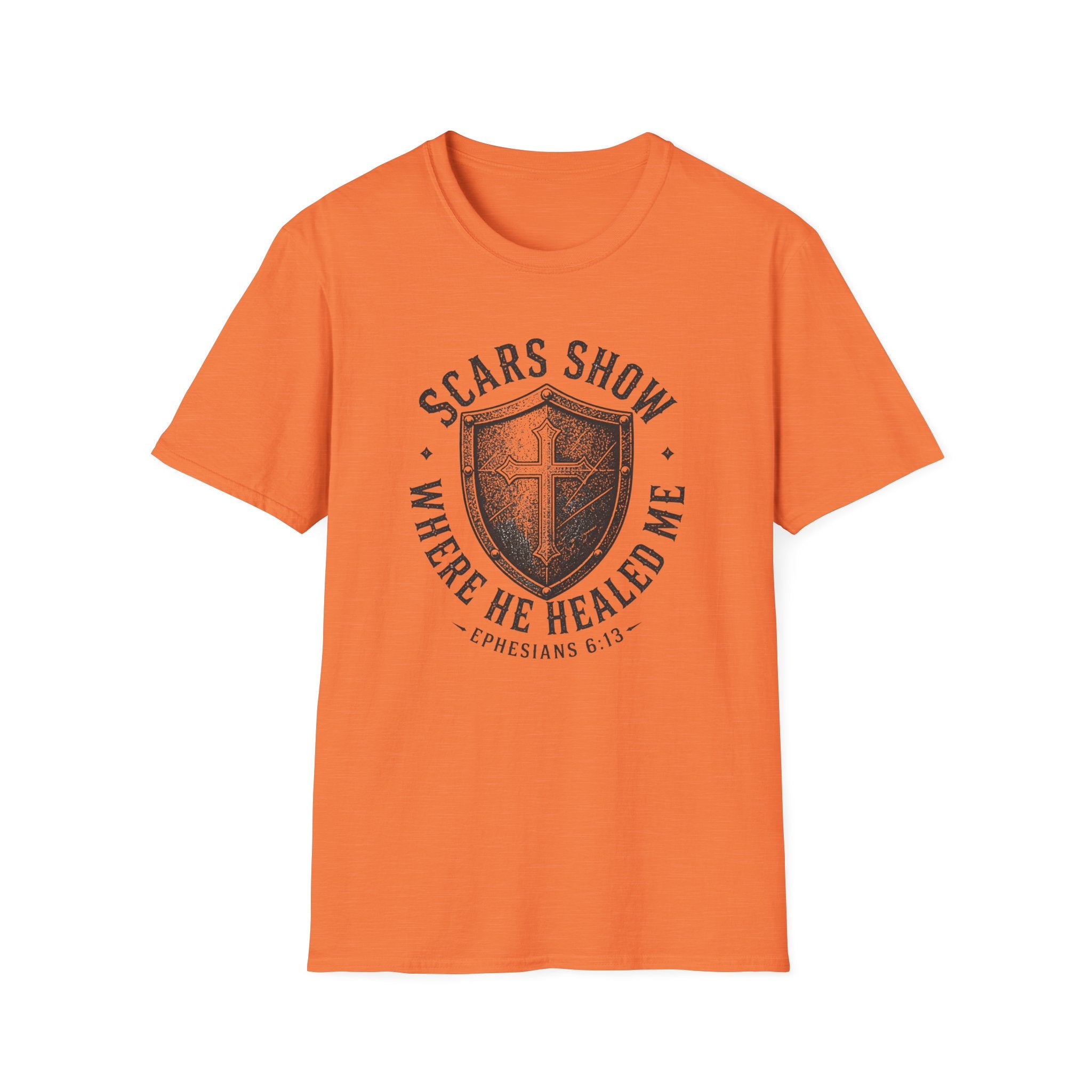 Scars Show T-Shirt — 'Where He Healed Me' Christian Shield Tee