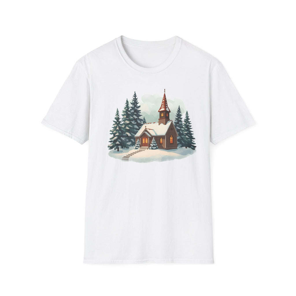 T-Shirt — Cozy Winter Chapel Graphic Tee (Snowy Pine Church)