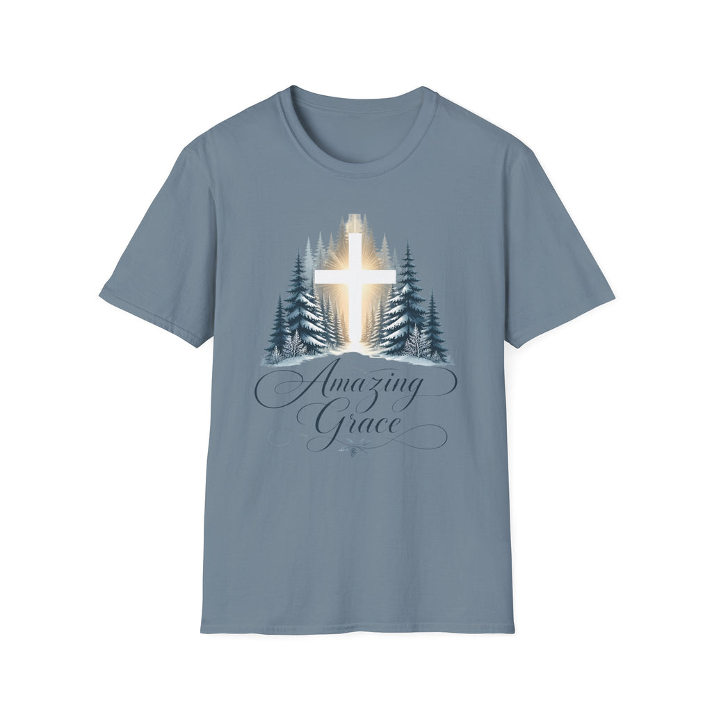 Christian T-Shirt — Cross in Pine Forest with "Amazing Grace" (Faith Tee)