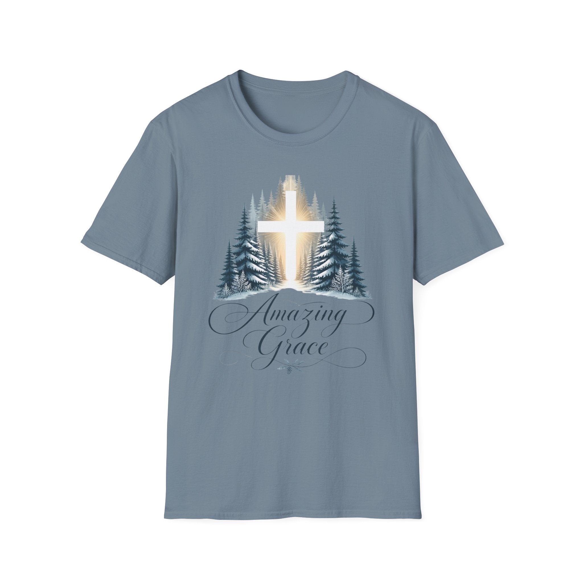 Christian T-Shirt — Cross in Pine Forest with "Amazing Grace" (Faith Tee)