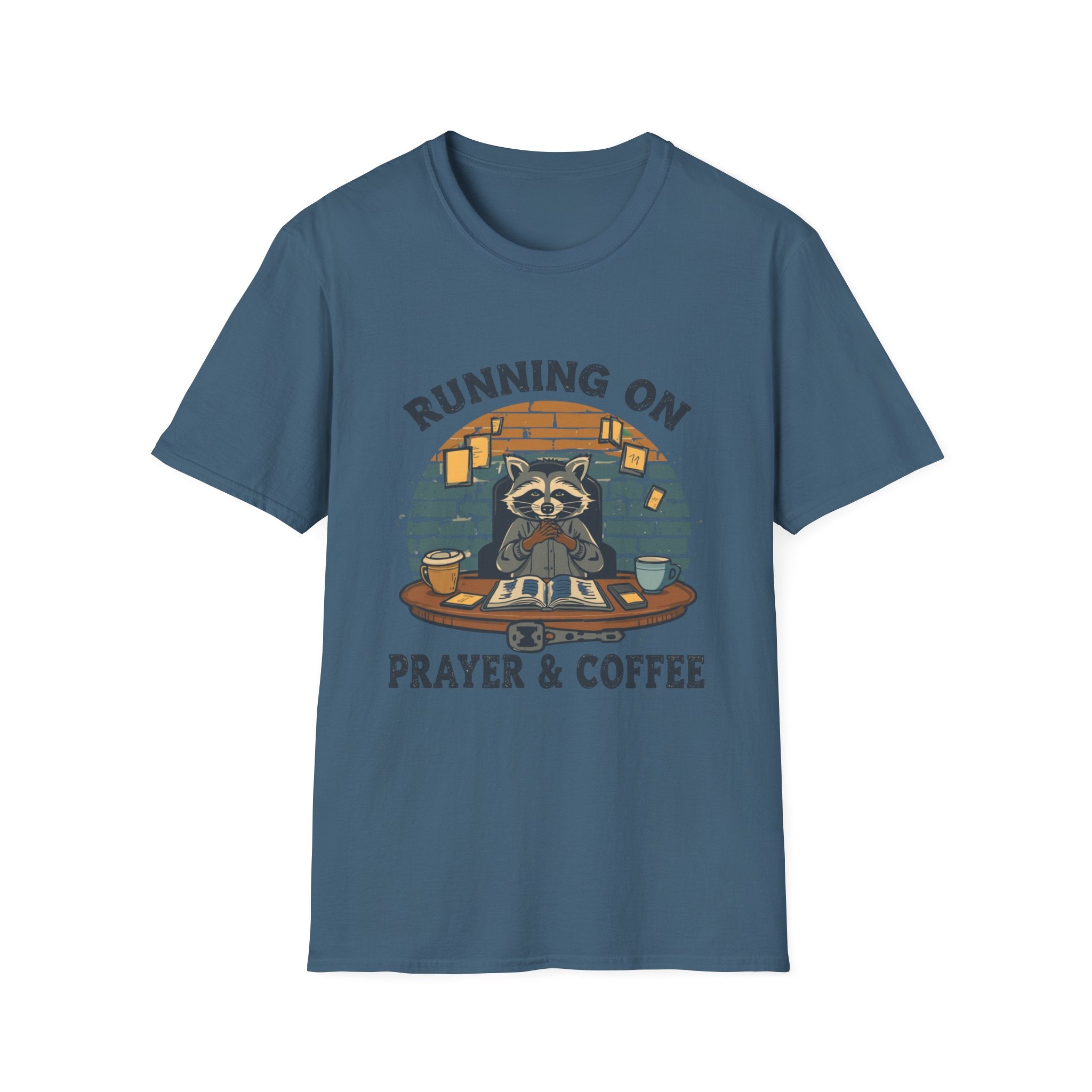 T‑Shirt — Running On Prayer & Coffee Raccoon Graphic Tee