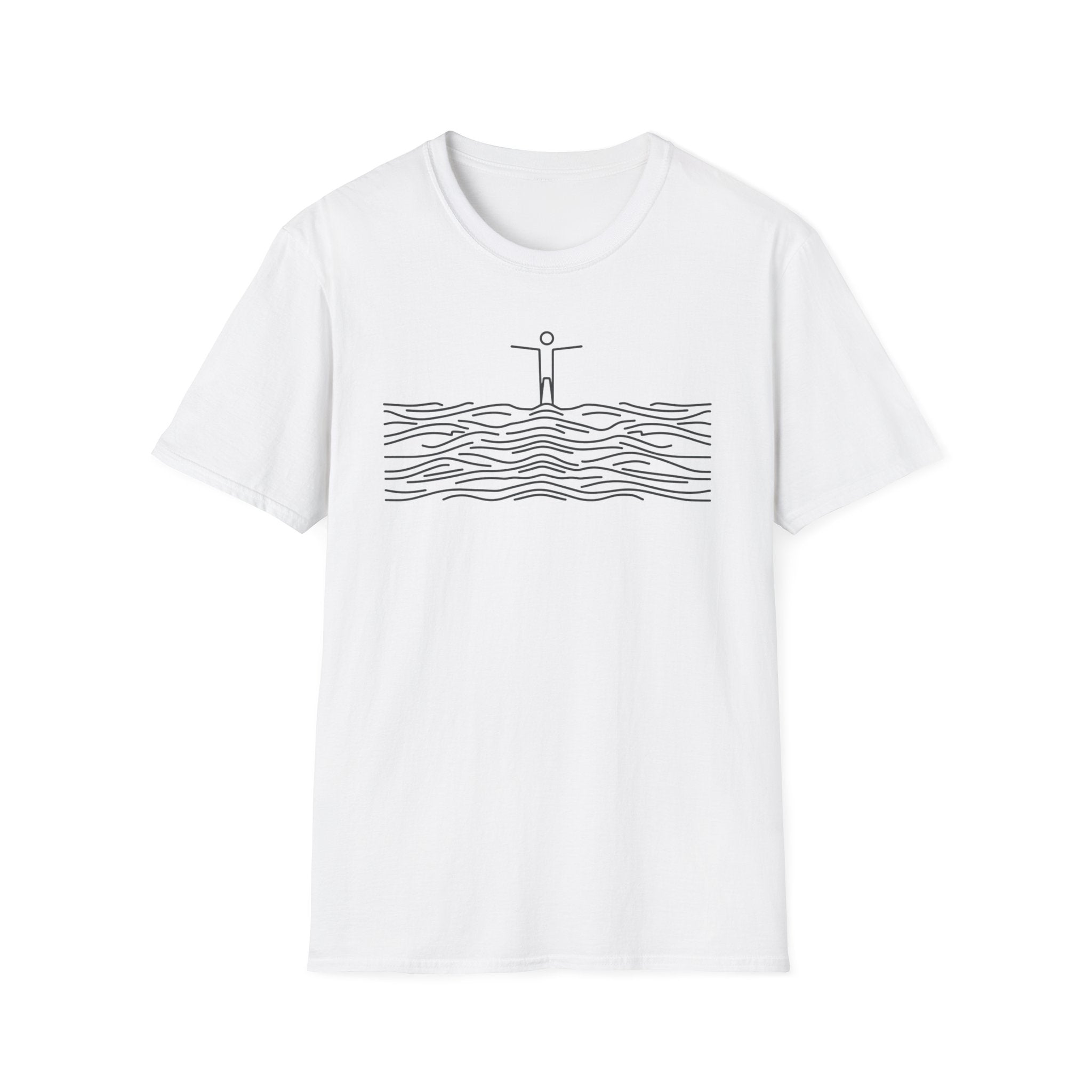 T-Shirt — Minimalist Ocean Waves & Standing Figure Tee — Calm Beach Vibes, Surfing/Travel Gift