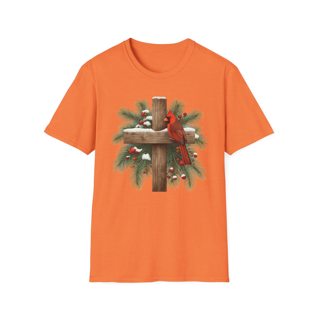 Cardinal on Cross Christmas T-Shirt — Winter Nativity Holiday Tee