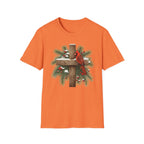 Cardinal on Cross Christmas T-Shirt — Winter Nativity Holiday Tee