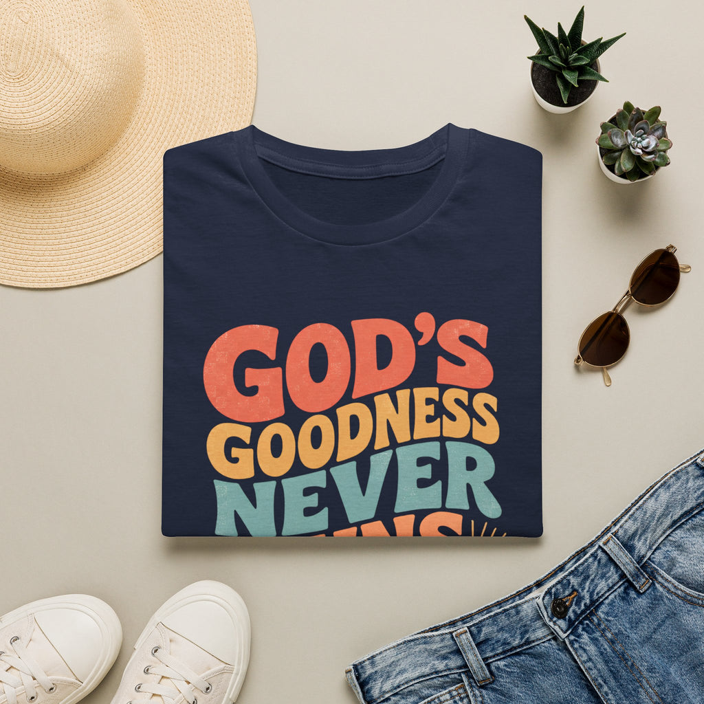 Christian T-Shirt — "God's Goodness Never Runs Out" Retro Faith Tee