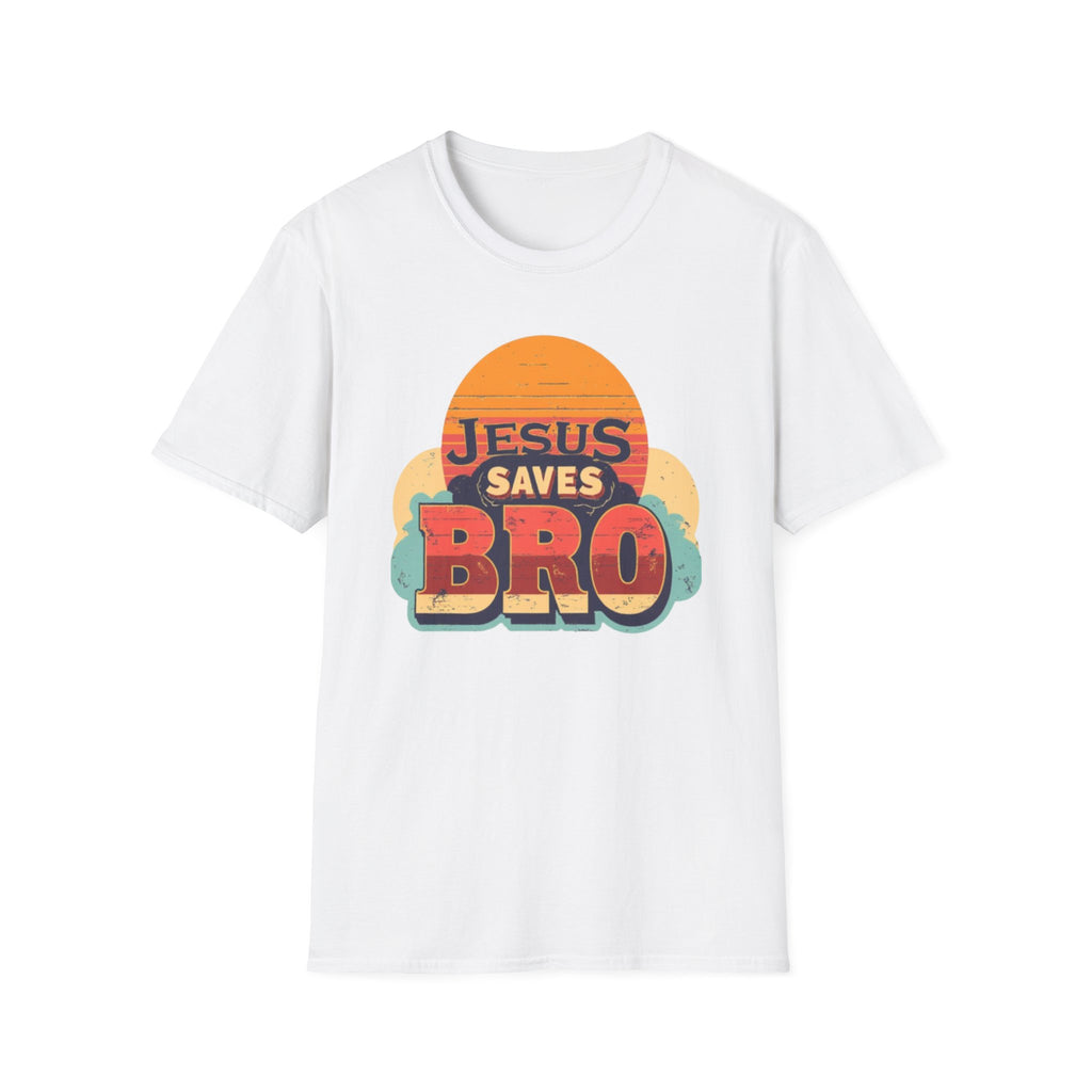 Christian T-Shirt — "Jesus Saves Bro" Retro Sunset Tee