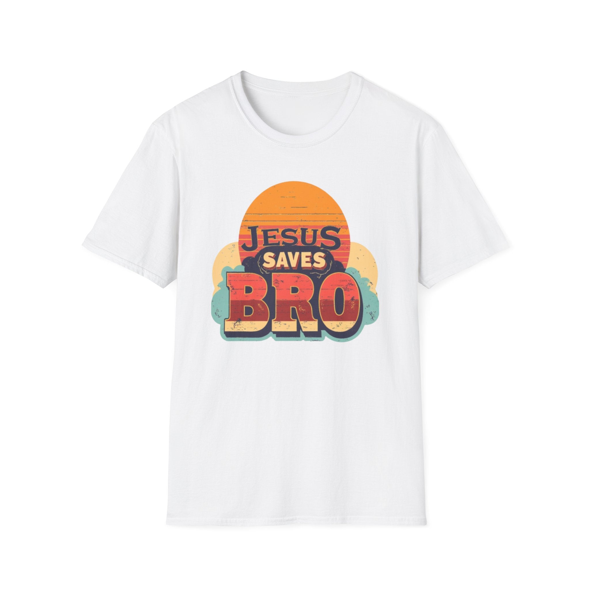 Christian T-Shirt — "Jesus Saves Bro" Retro Sunset Tee