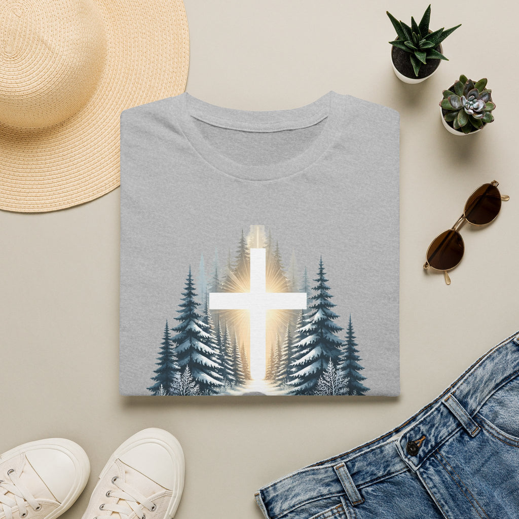 Christian T-Shirt — Cross in Pine Forest with "Amazing Grace" (Faith Tee)