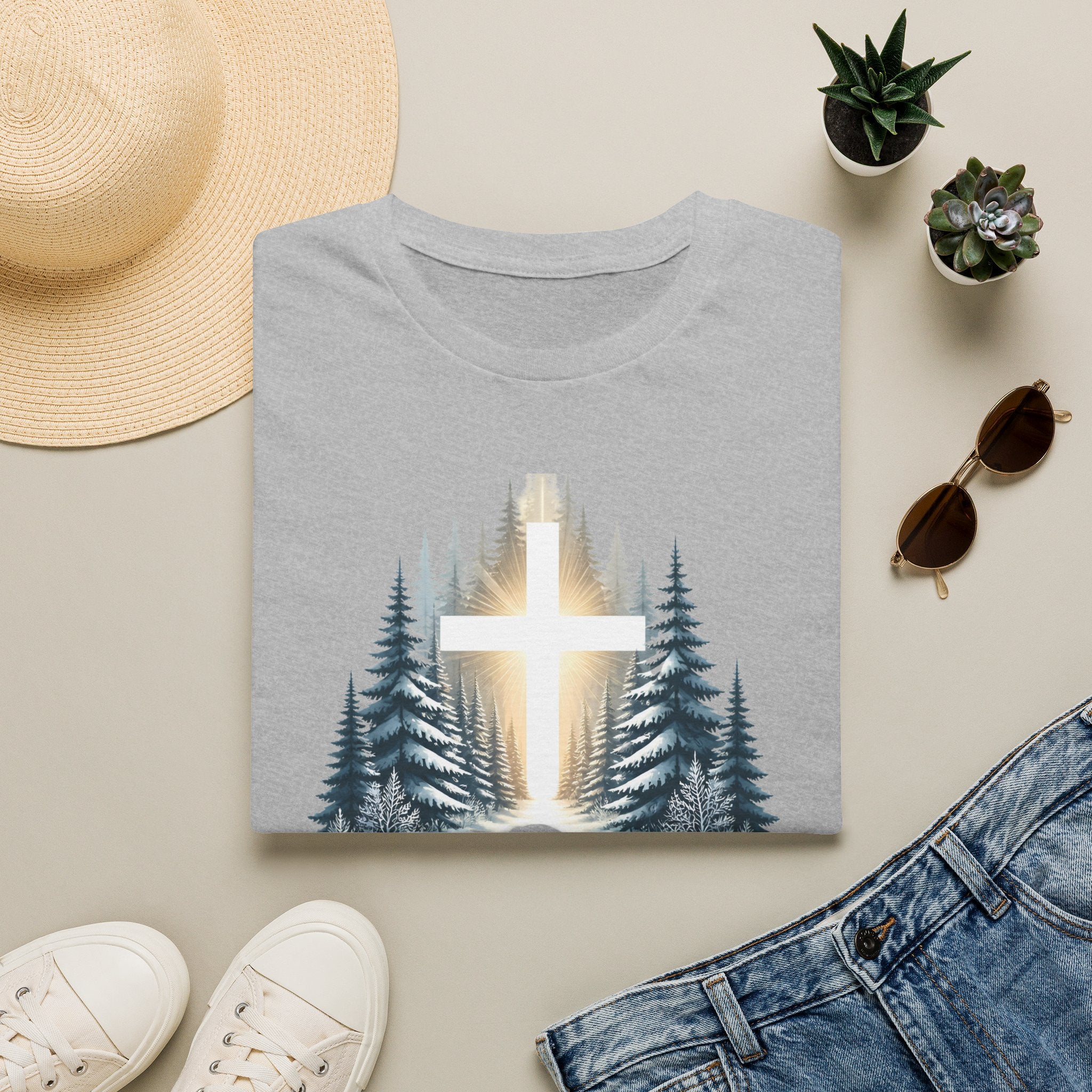 Christian T-Shirt — Cross in Pine Forest with "Amazing Grace" (Faith Tee)