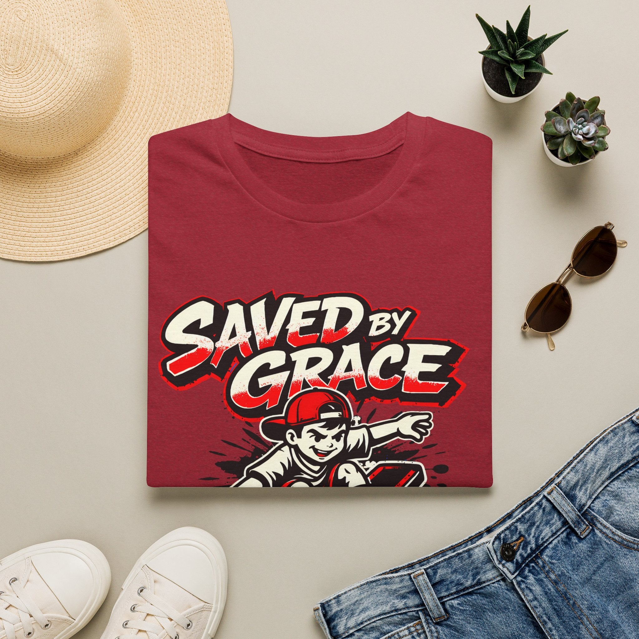 Saved by Grace T‑Shirt — Skateboard Faith Graphic