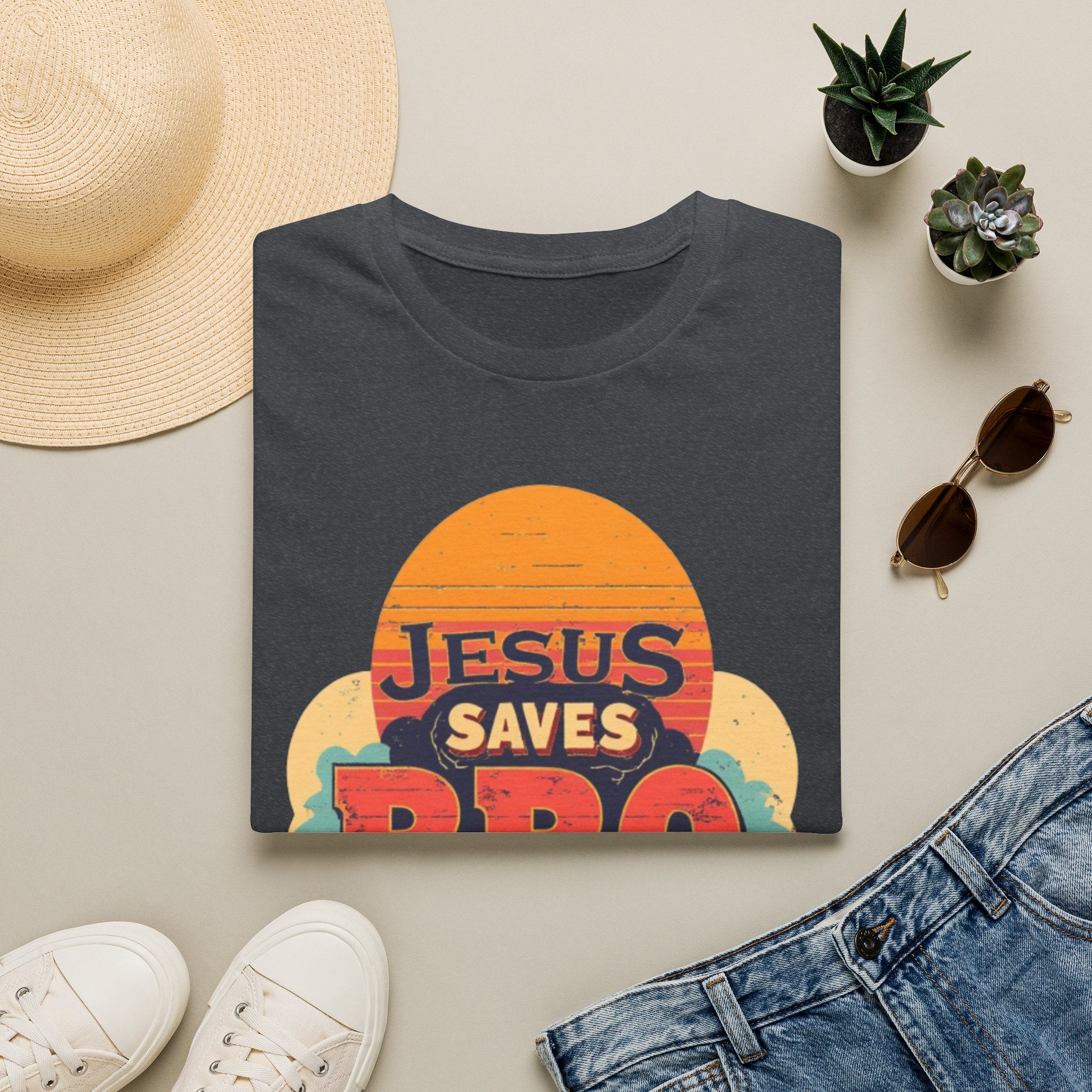 Christian T-Shirt — "Jesus Saves Bro" Retro Sunset Tee