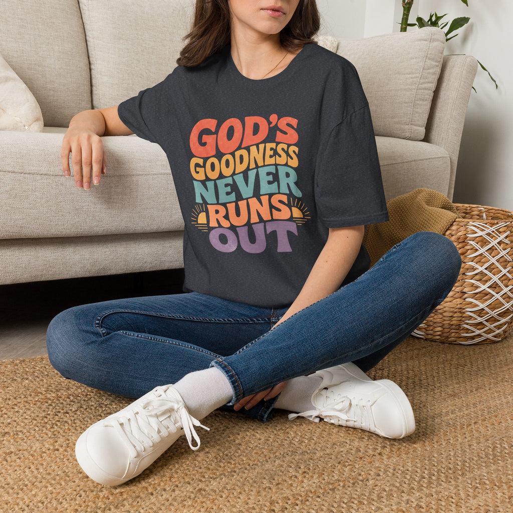 Christian T-Shirt — "God's Goodness Never Runs Out" Retro Faith Tee