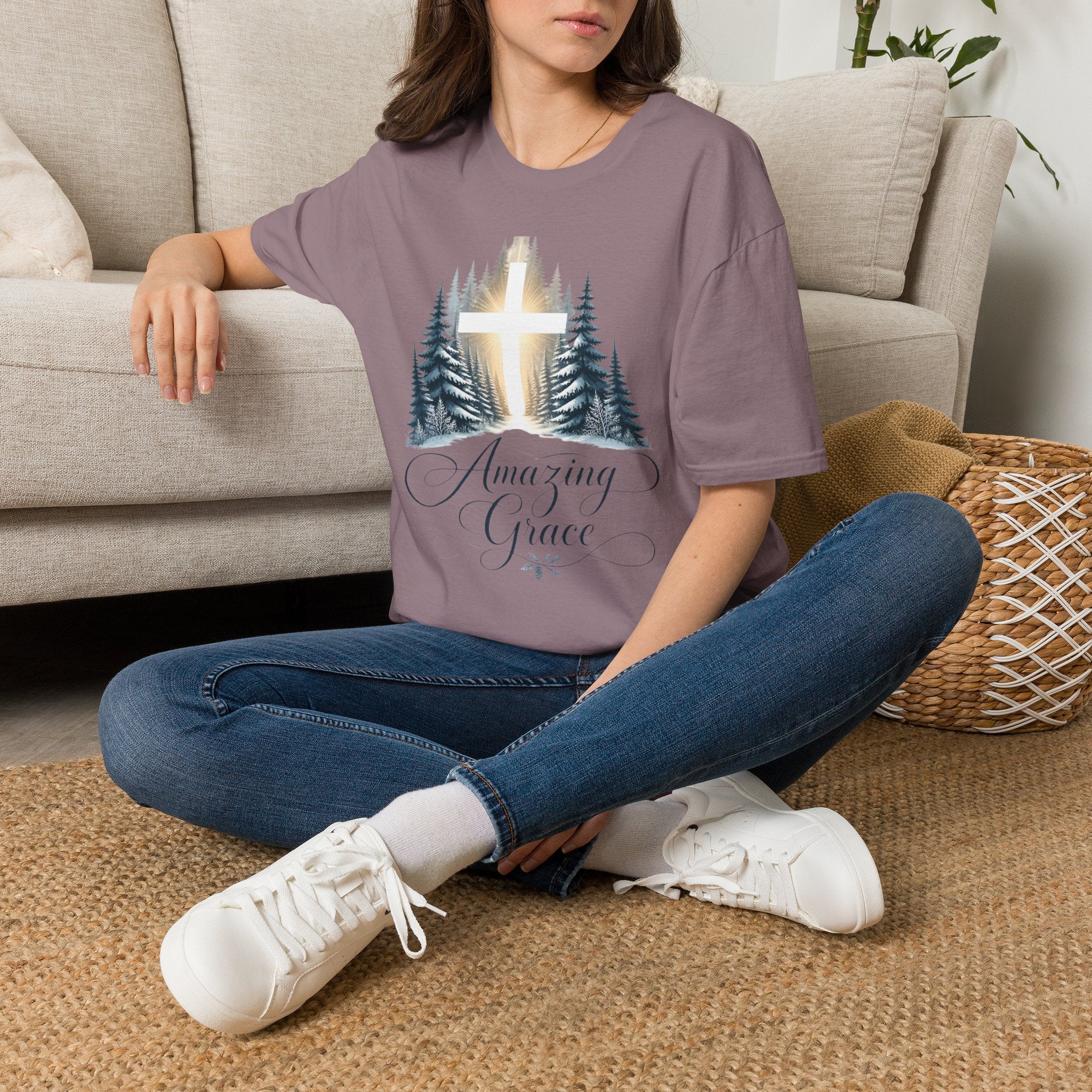 Christian T-Shirt — Cross in Pine Forest with "Amazing Grace" (Faith Tee)