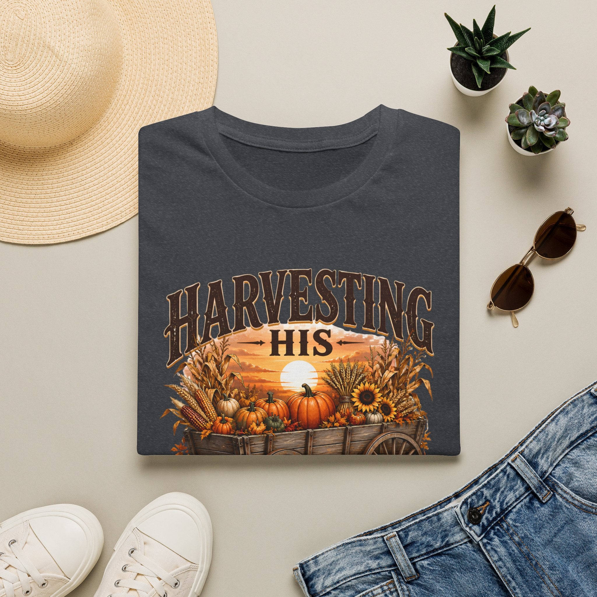 Harvesting His Promises T-Shirt — Fall Pumpkin & Sunflower Faith Tee