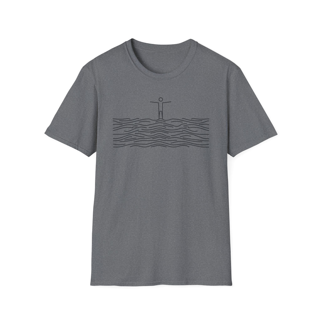 T-Shirt — Minimalist Ocean Waves & Standing Figure Tee — Calm Beach Vibes, Surfing/Travel Gift