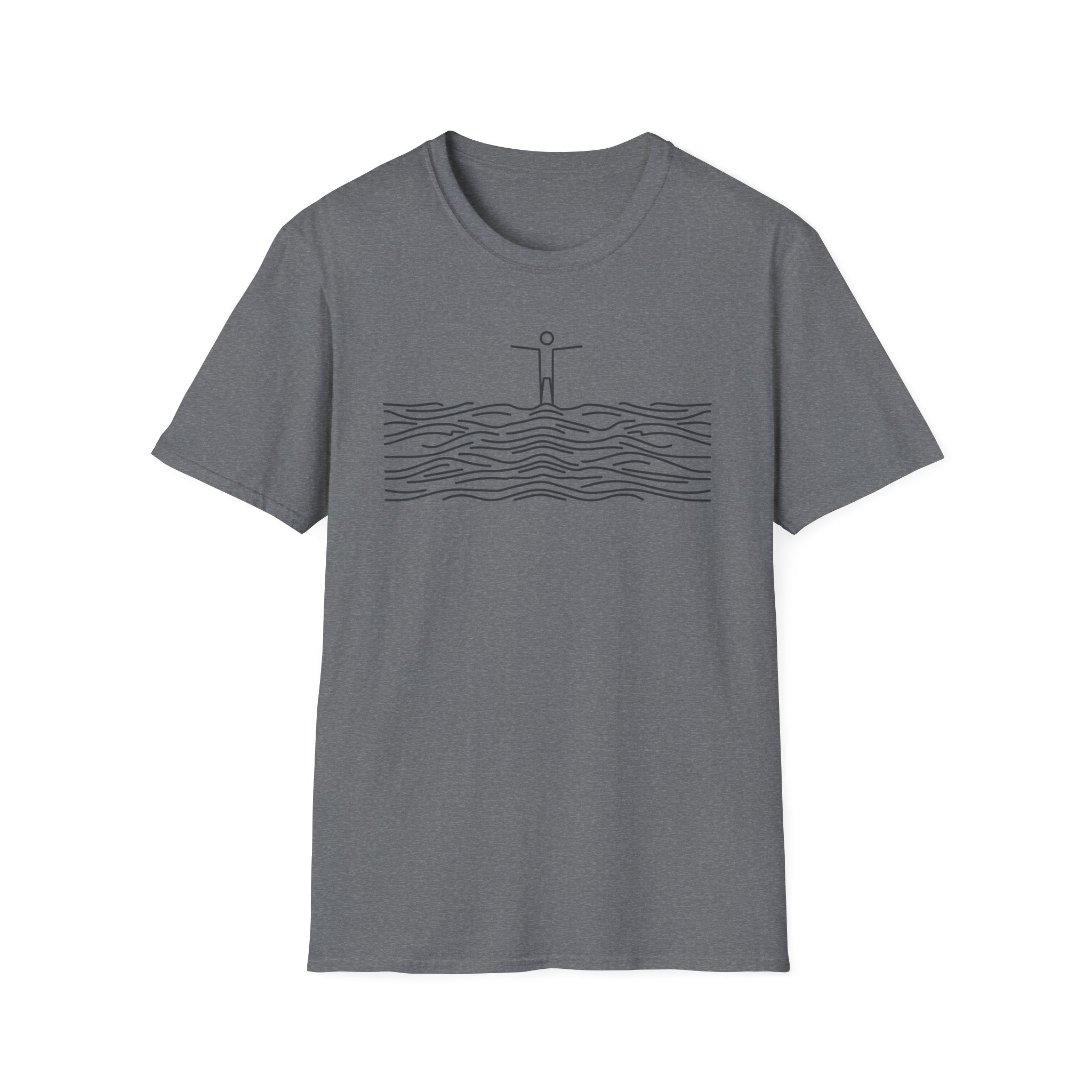T-Shirt — Minimalist Ocean Waves & Standing Figure Tee — Calm Beach Vibes, Surfing/Travel Gift