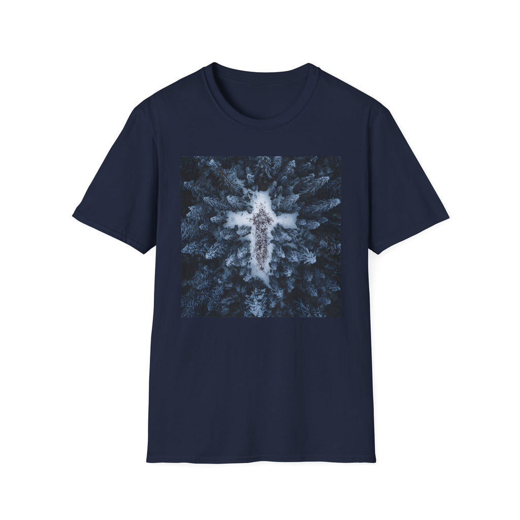 Cross in Snow Aerial Print T-Shirt — Minimalist Winter Graphic Tee