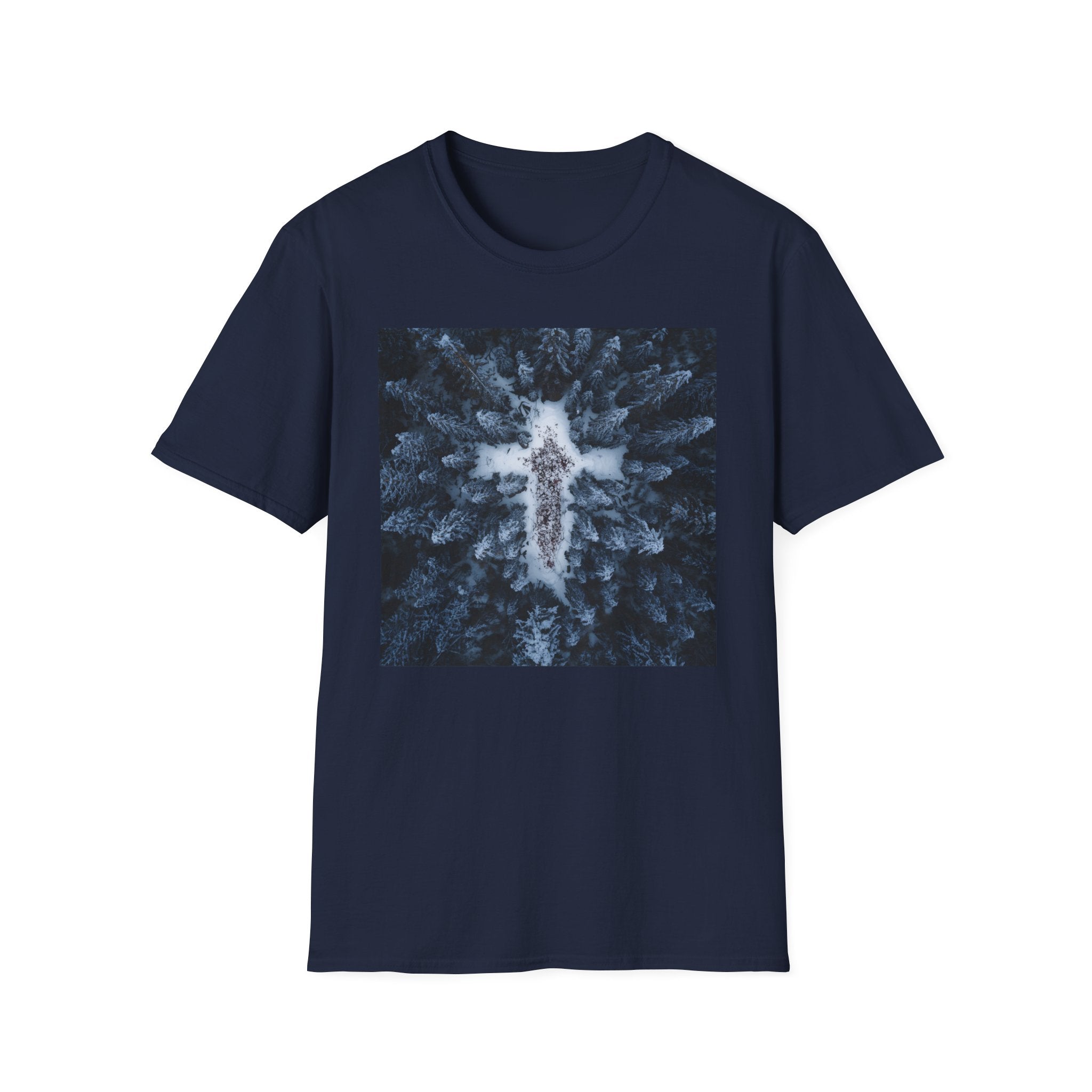 Cross in Snow Aerial Print T-Shirt — Minimalist Winter Graphic Tee