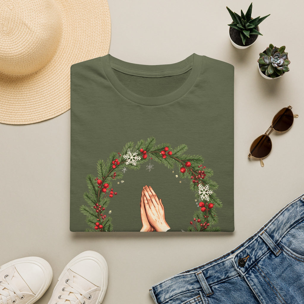 Christmas Prayer Hands T-Shirt — Holiday Wreath Faith Tee