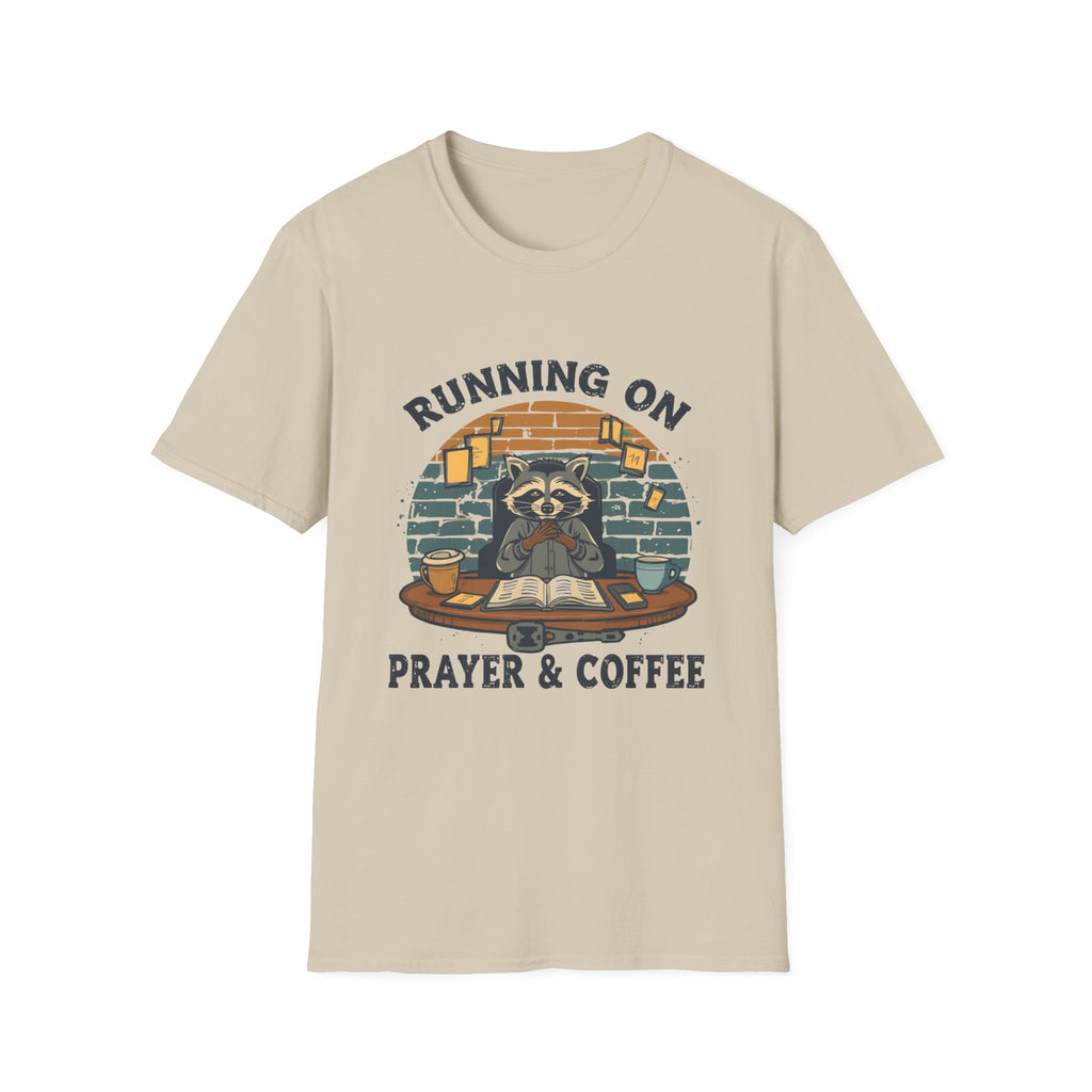 T‑Shirt — Running On Prayer & Coffee Raccoon Graphic Tee