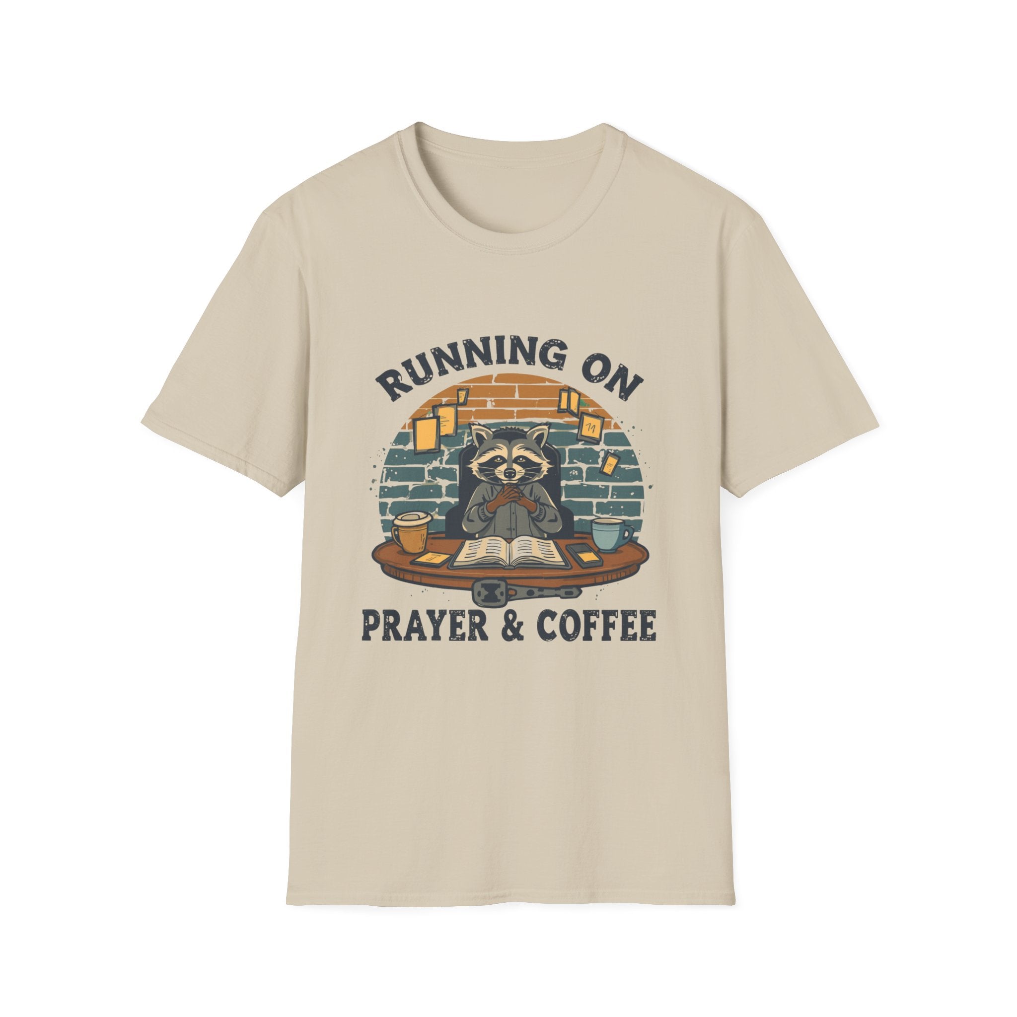 T‑Shirt — Running On Prayer & Coffee Raccoon Graphic Tee