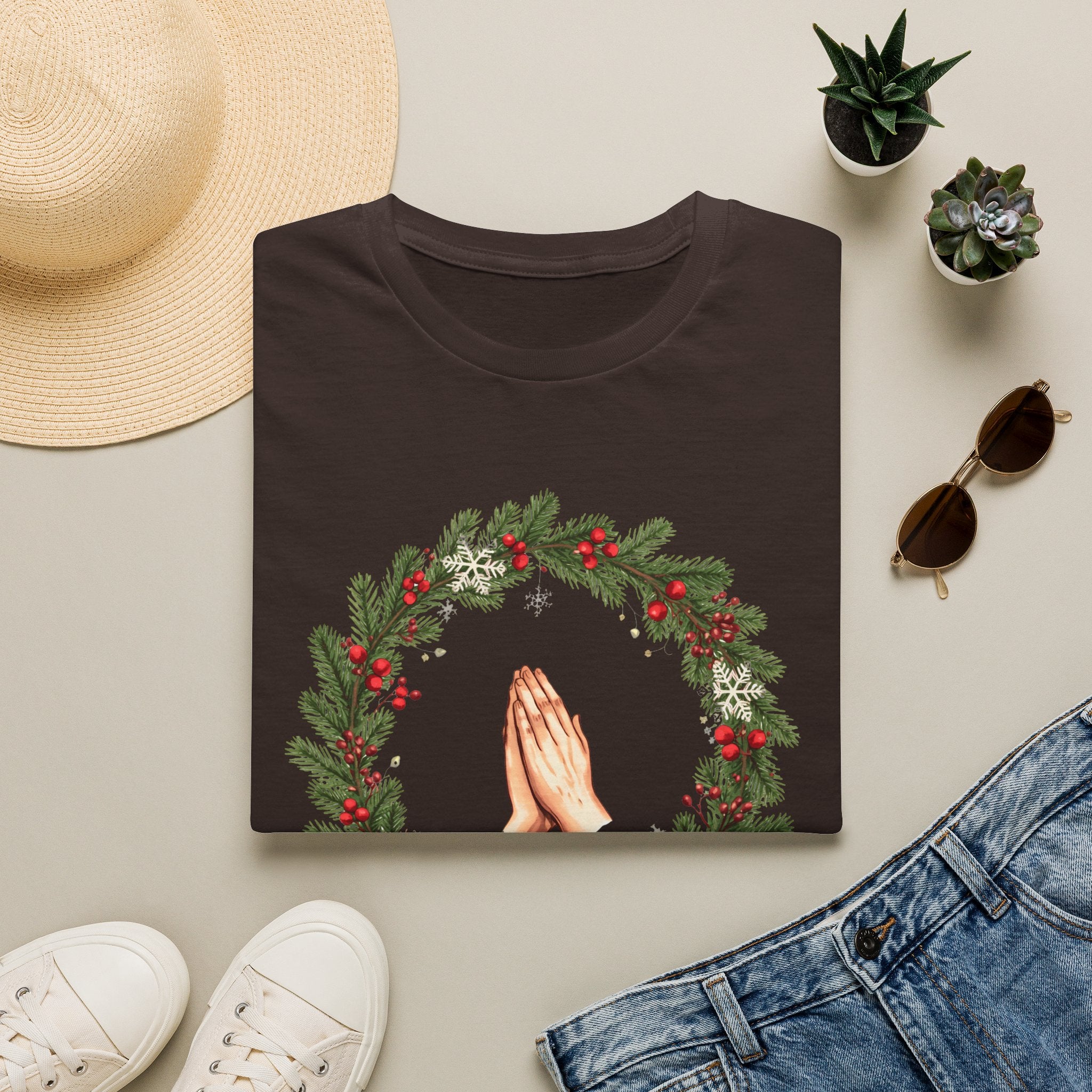 Christmas Prayer Hands T-Shirt — Holiday Wreath Faith Tee