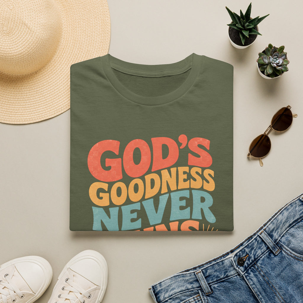 Christian T-Shirt — "God's Goodness Never Runs Out" Retro Faith Tee