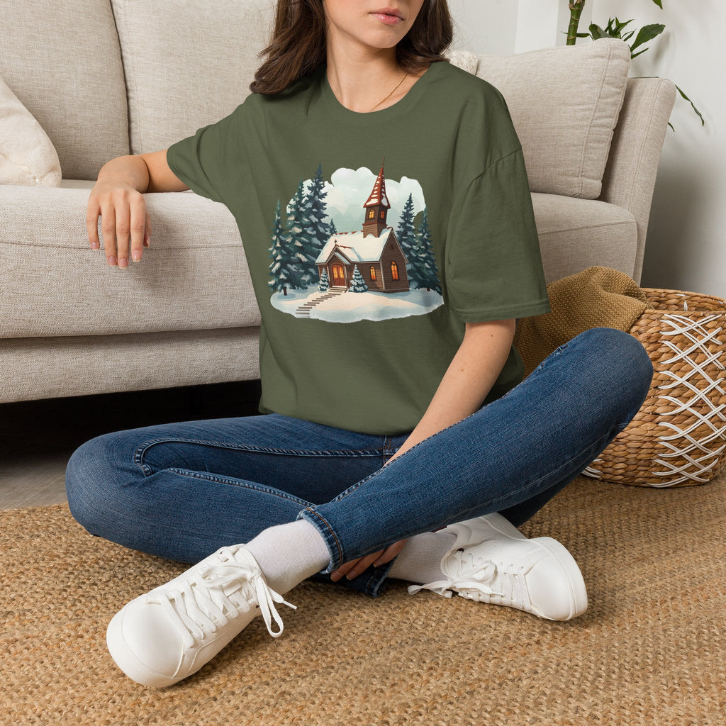 T-Shirt — Cozy Winter Chapel Graphic Tee (Snowy Pine Church)