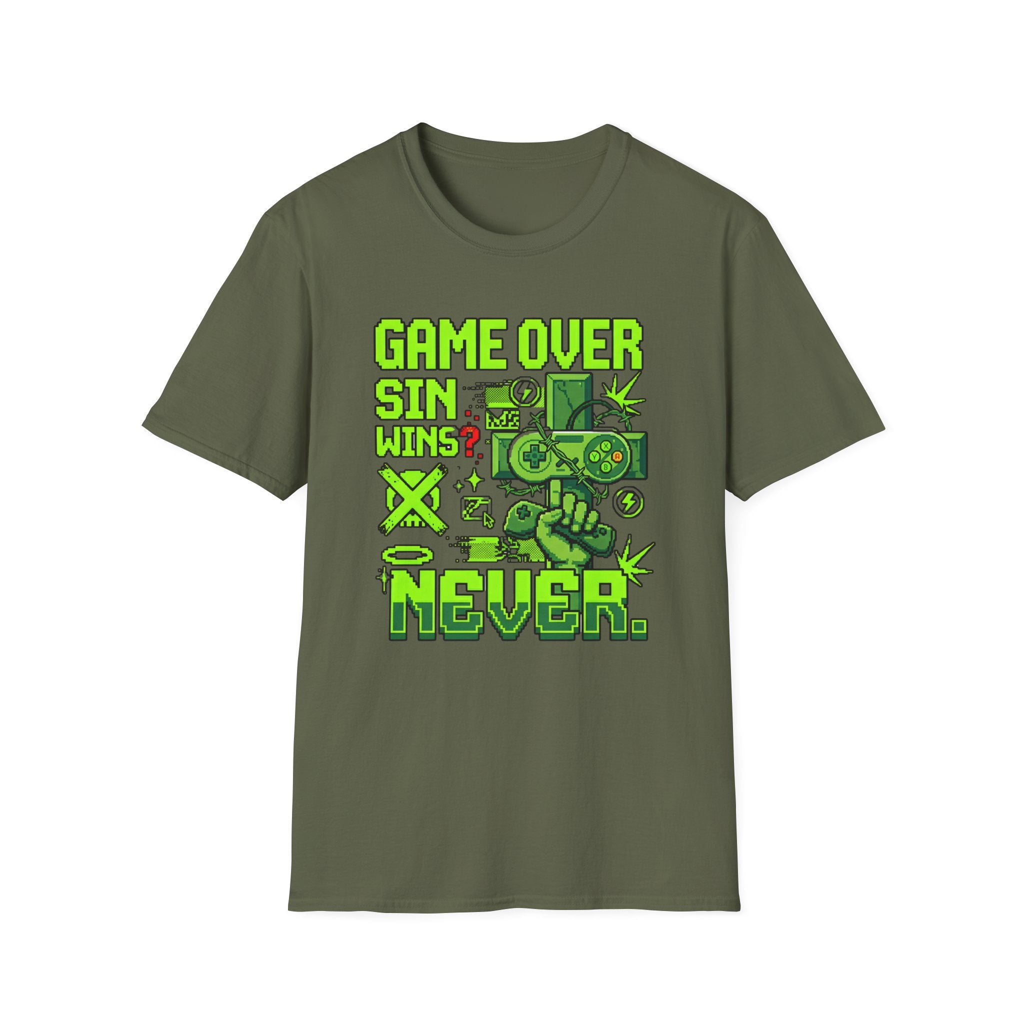 Video Game Christian T-Shirt — "Game Over? Sin Wins? Never." Neon Green Gamer Tee