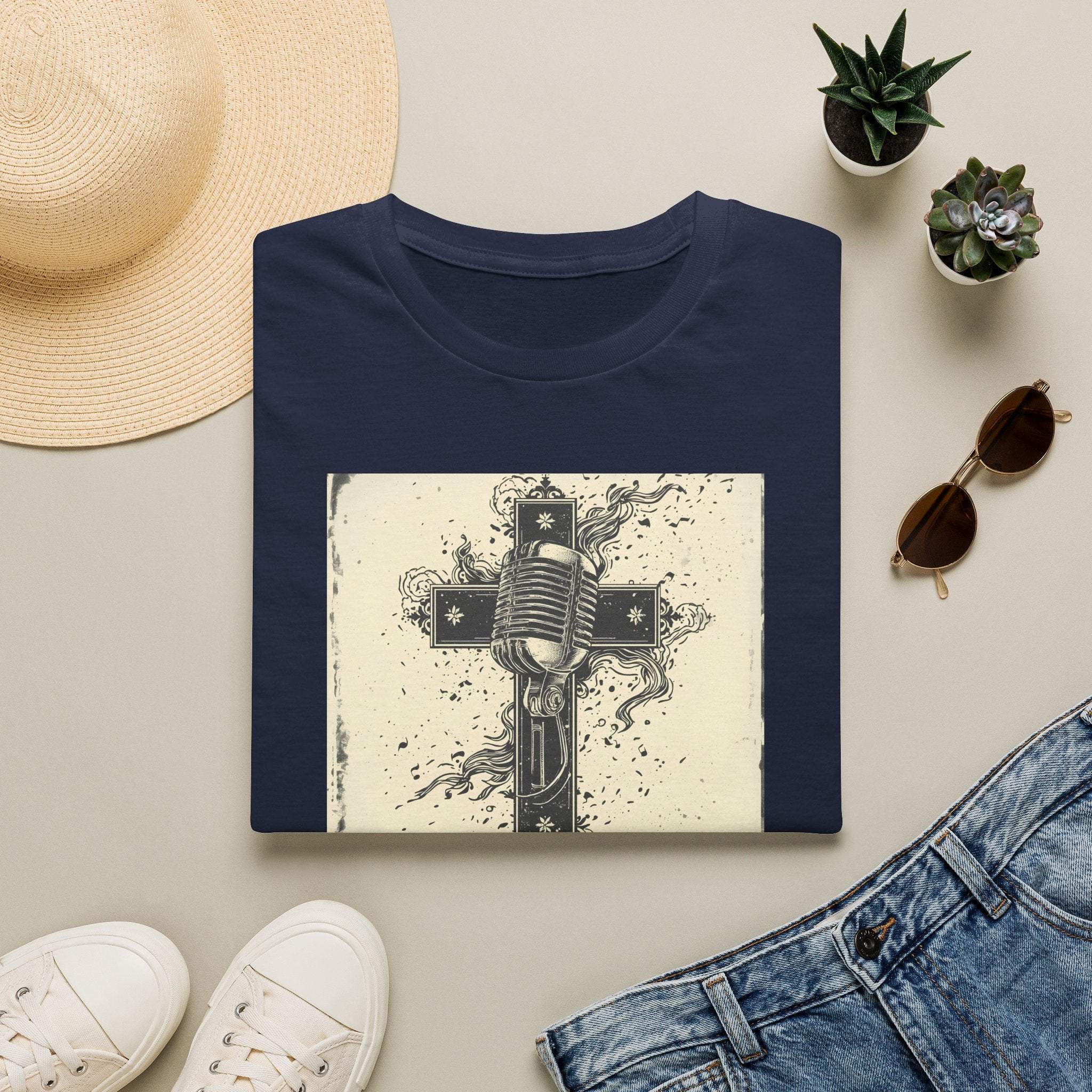 Vintage Microphone Cross T-Shirt — Retro Gospel Music Tee