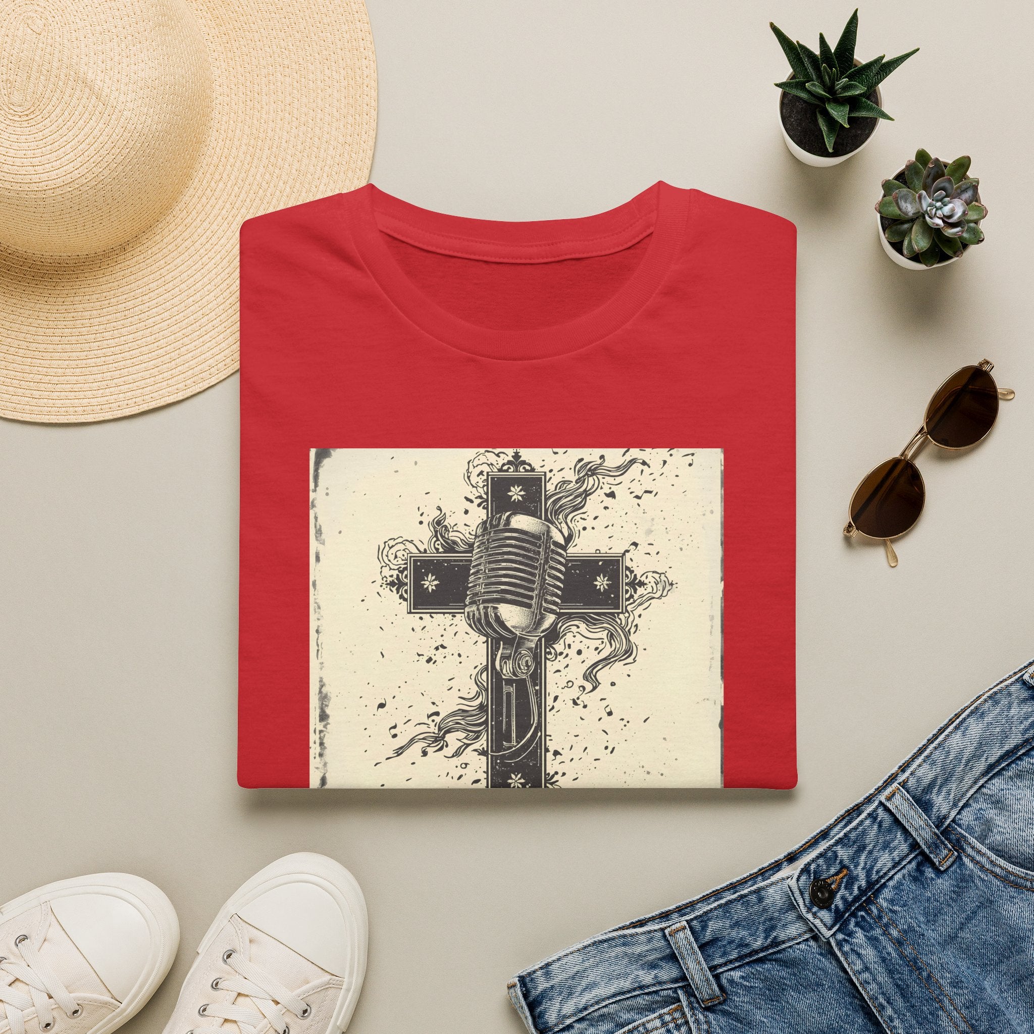 Vintage Microphone Cross T-Shirt — Retro Gospel Music Tee