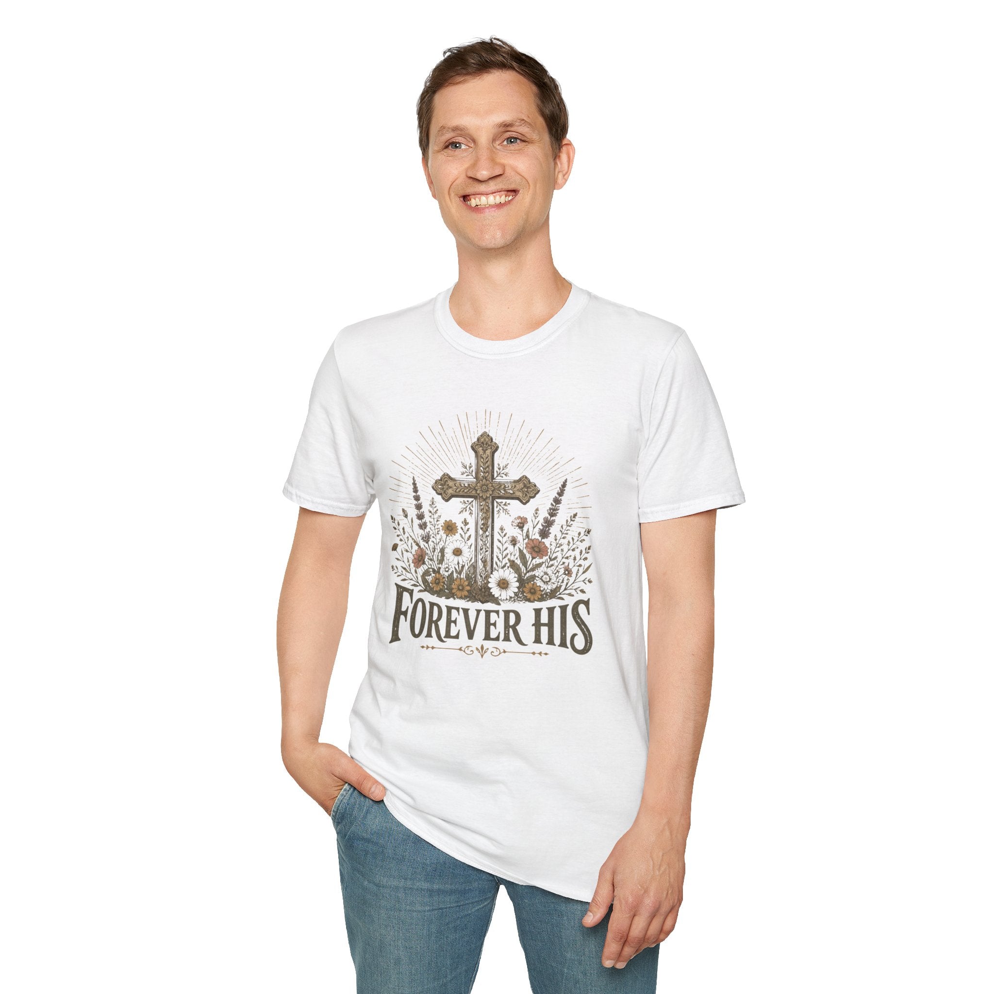 Christian T-Shirt — "Forever His" Cross Floral Graphic Tee