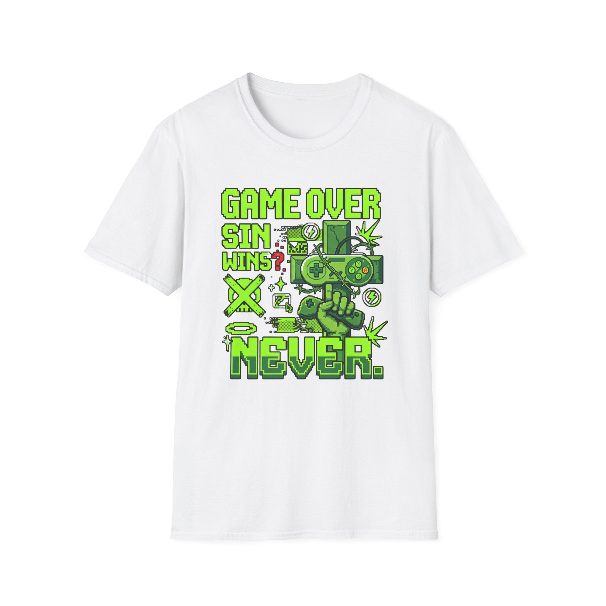 Video Game Christian T-Shirt — "Game Over? Sin Wins? Never." Neon Green Gamer Tee